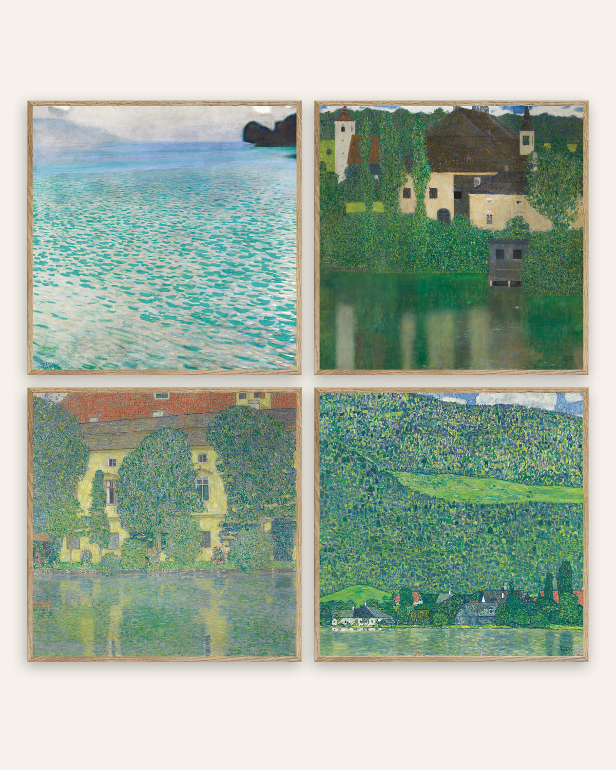 Klimt-posters, set med 4: Attersee, Vattenslottet, Schloss Kammer och Litzlberg, i ramar av naturek