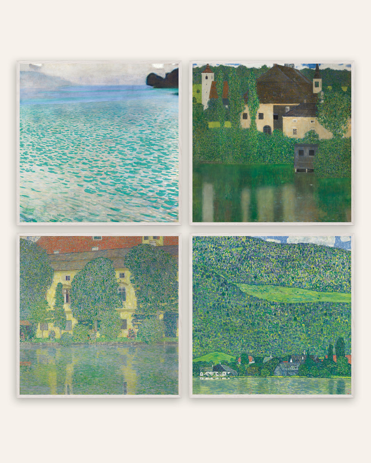 Klimt-posters, set med 4: Attersee, Vattenslottet, Schloss Kammer och Litzlberg, i vita ekramar