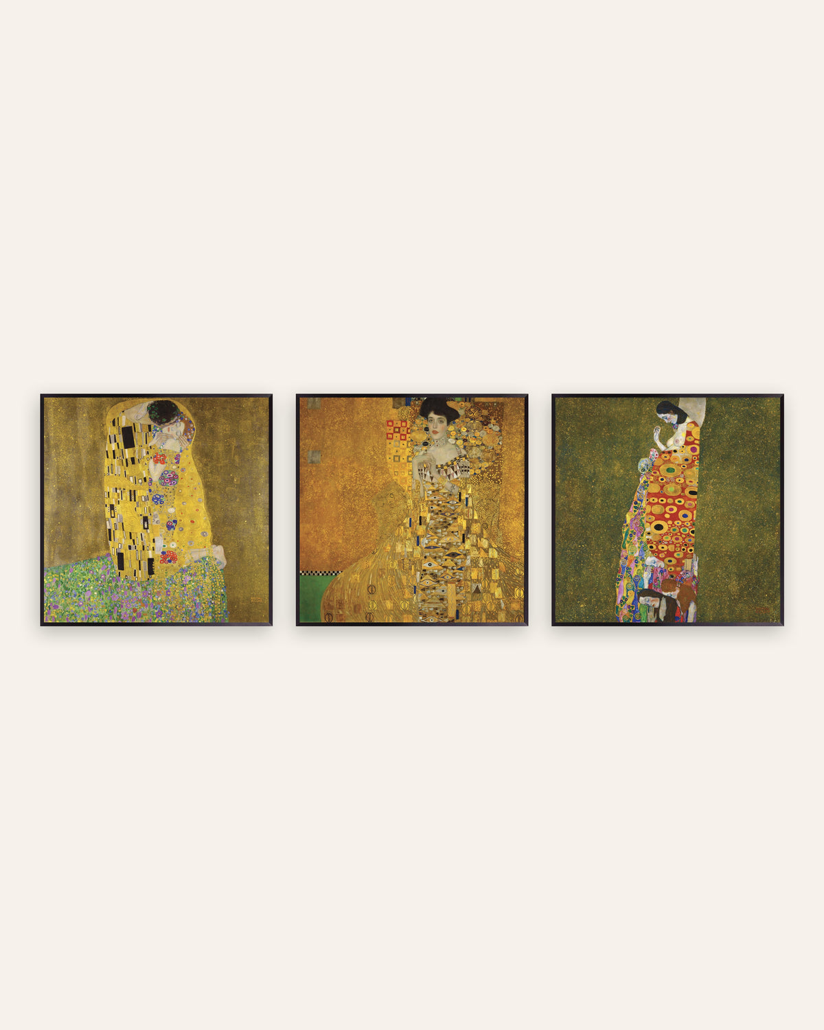 Klimt-posters, set med 3: Kyssen, Adele Bloch-Bauer I och Hoppet II, i svarta metallramar