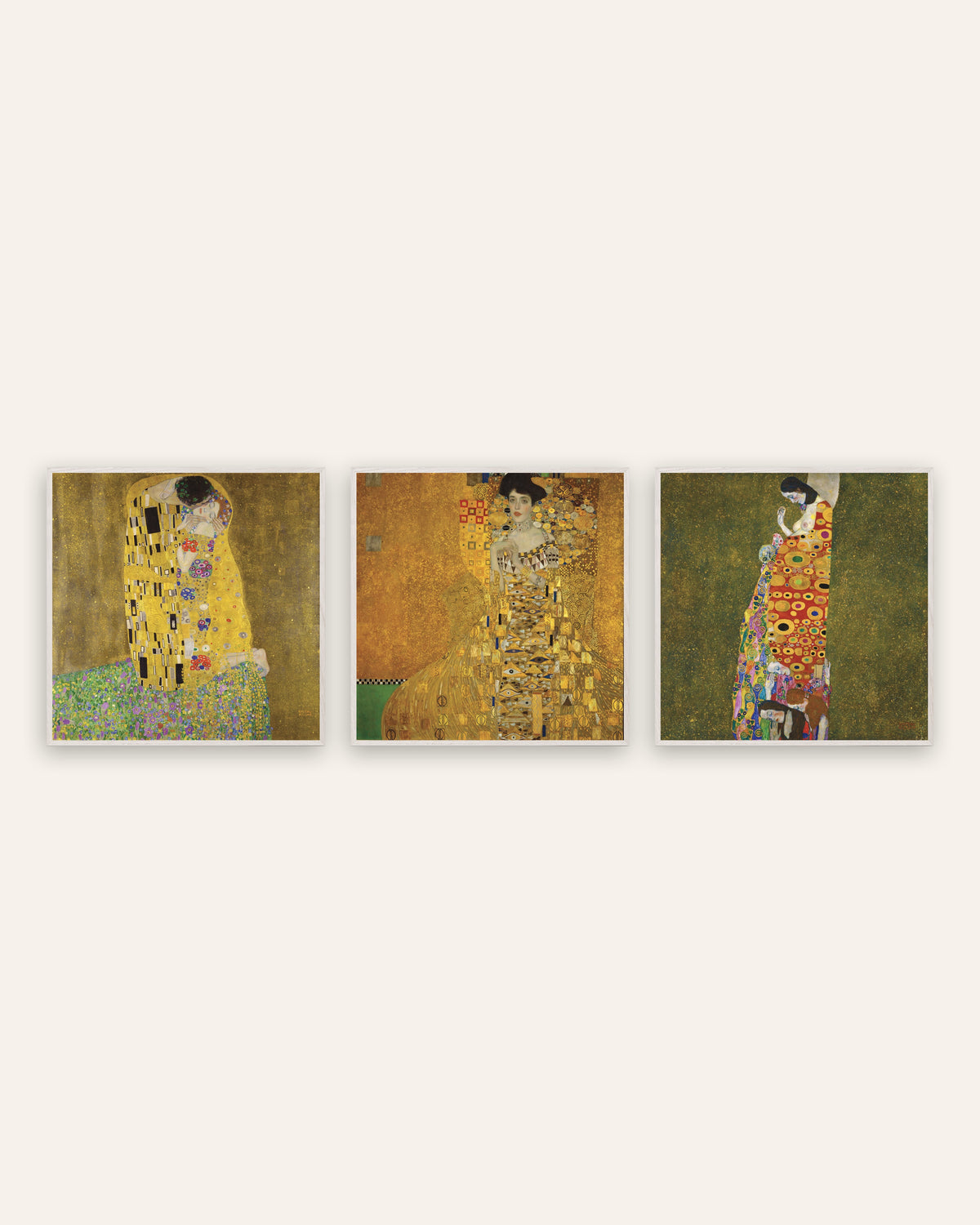 Klimt-posters, set med 3: Kyssen, Adele Bloch-Bauer I och Hoppet II, i vita ekramar