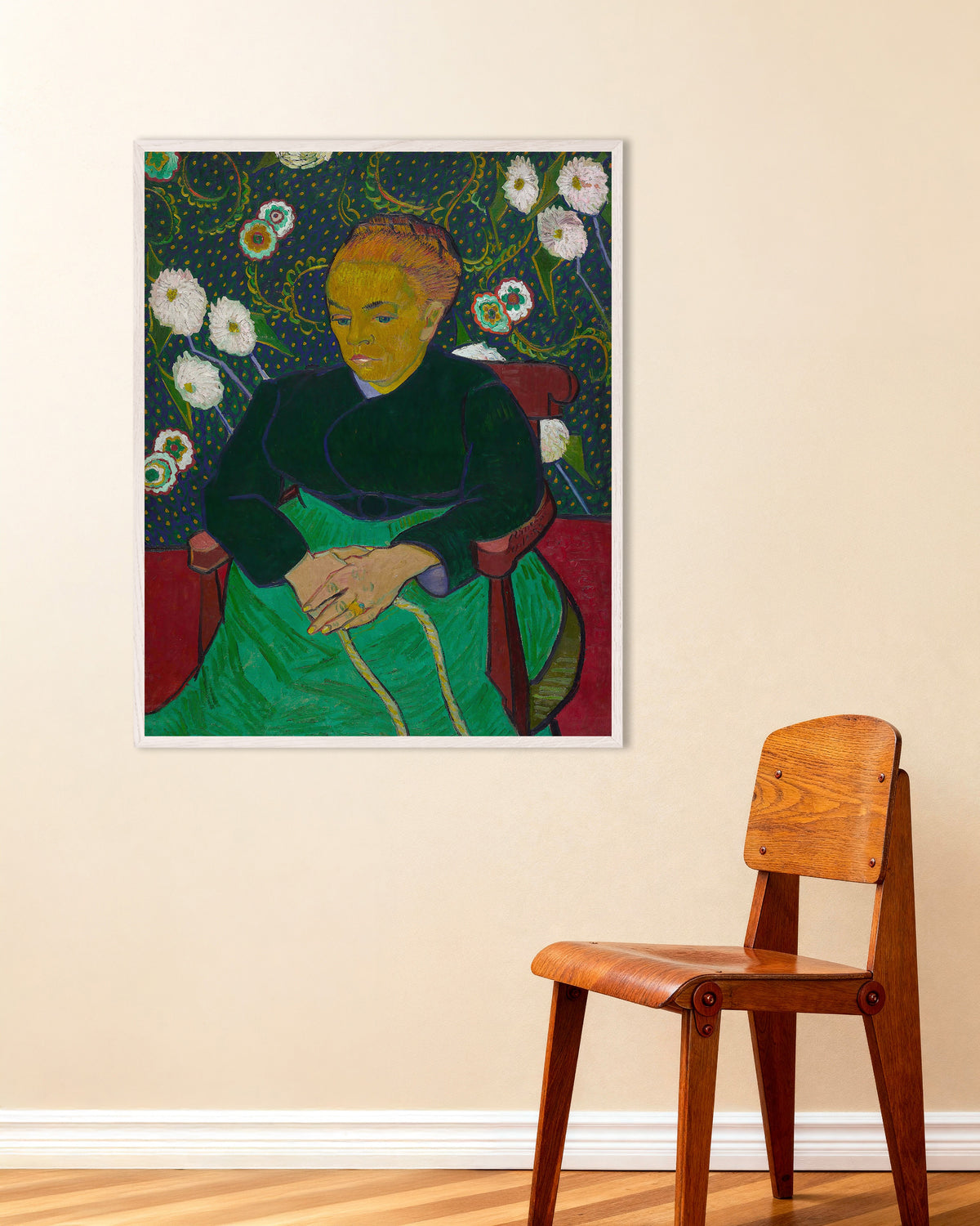 Poster av La Berceuse, Madame Roulin vaggar vaggan (1889) av Vincent van Gogh, med vit träram