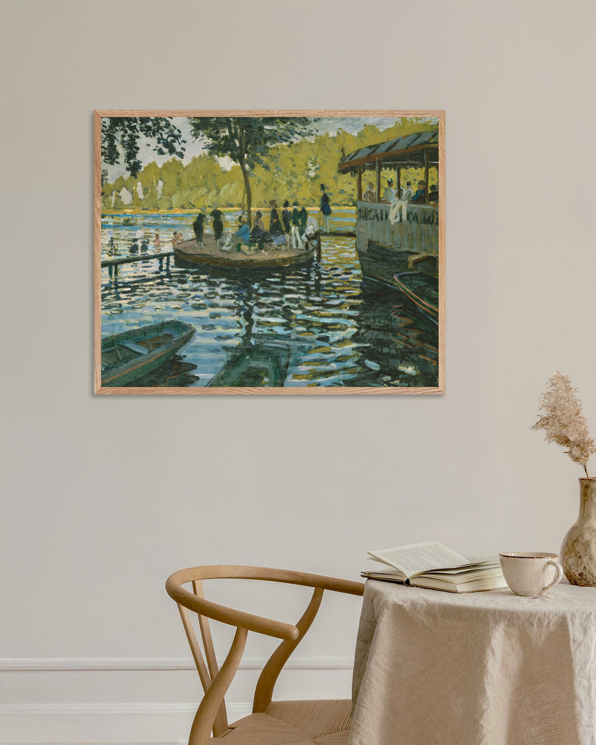Poster La Grenouillère (1869) av Claude Monet med ram i naturträ