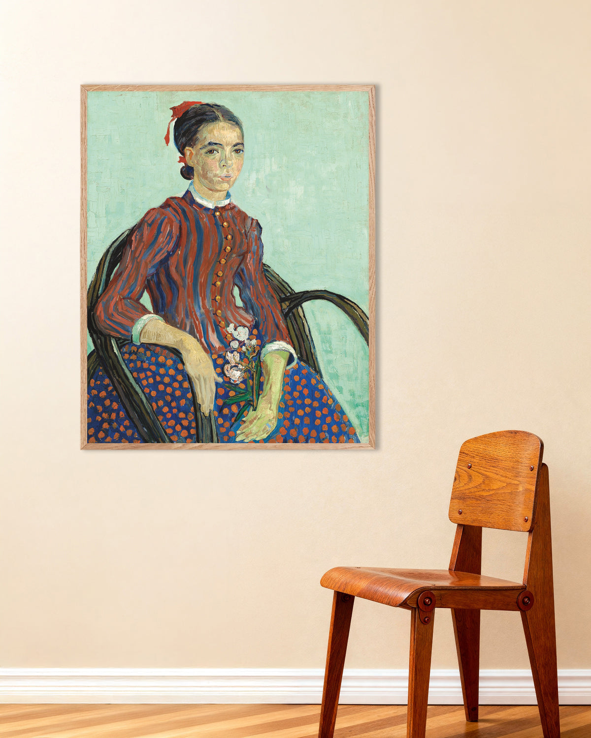 Poster av La Mousmé (1888) av Vincent van Gogh, med träram i naturträ