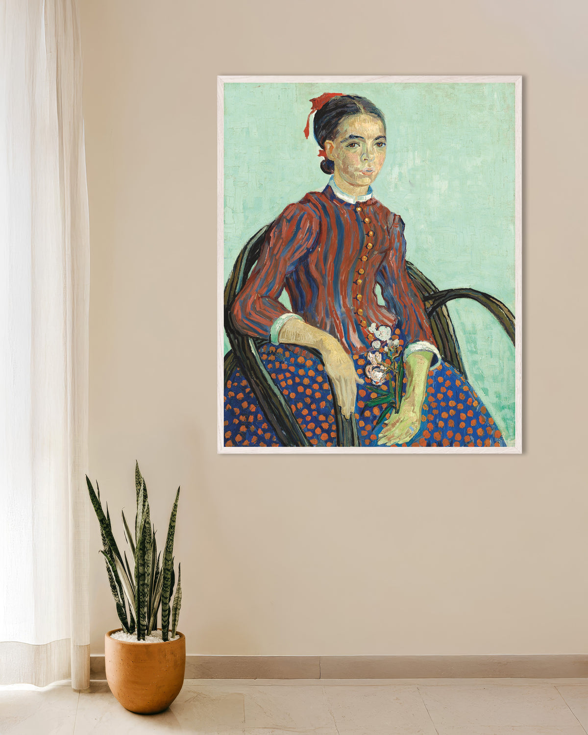 Poster av La Mousmé (1888) av Vincent van Gogh, med vit träram