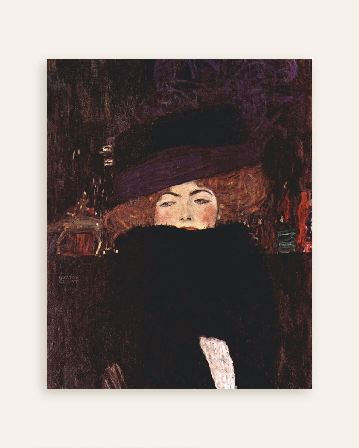 Poster av Kvinna med hatt och fjäderboa (1909) av Gustav Klimt, miniatyr
