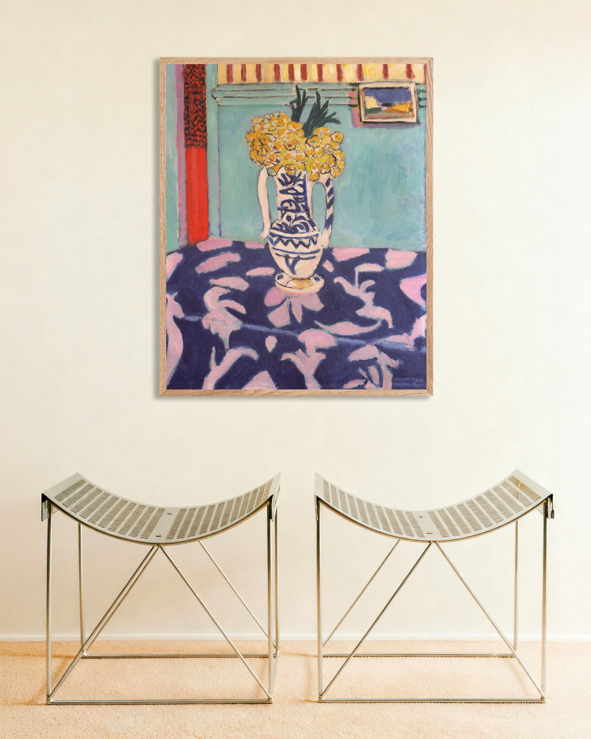 Poster av Gökfåglar, blå och rosa matta (1911) av Henri Matisse, med naturfärgad träram