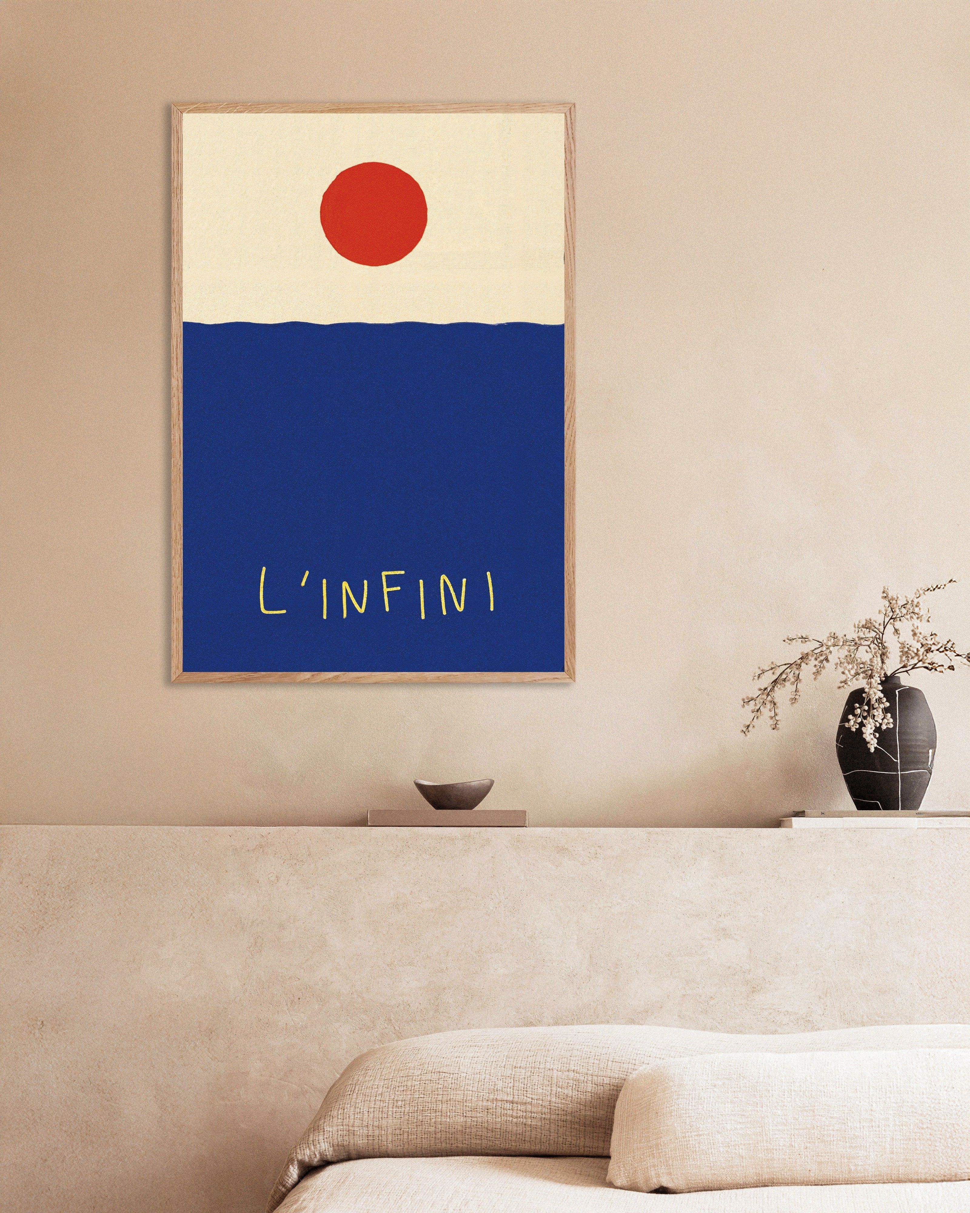 Poster of L’Infini: Red Sun Over Blue Sea Poster, with natural wooden frame