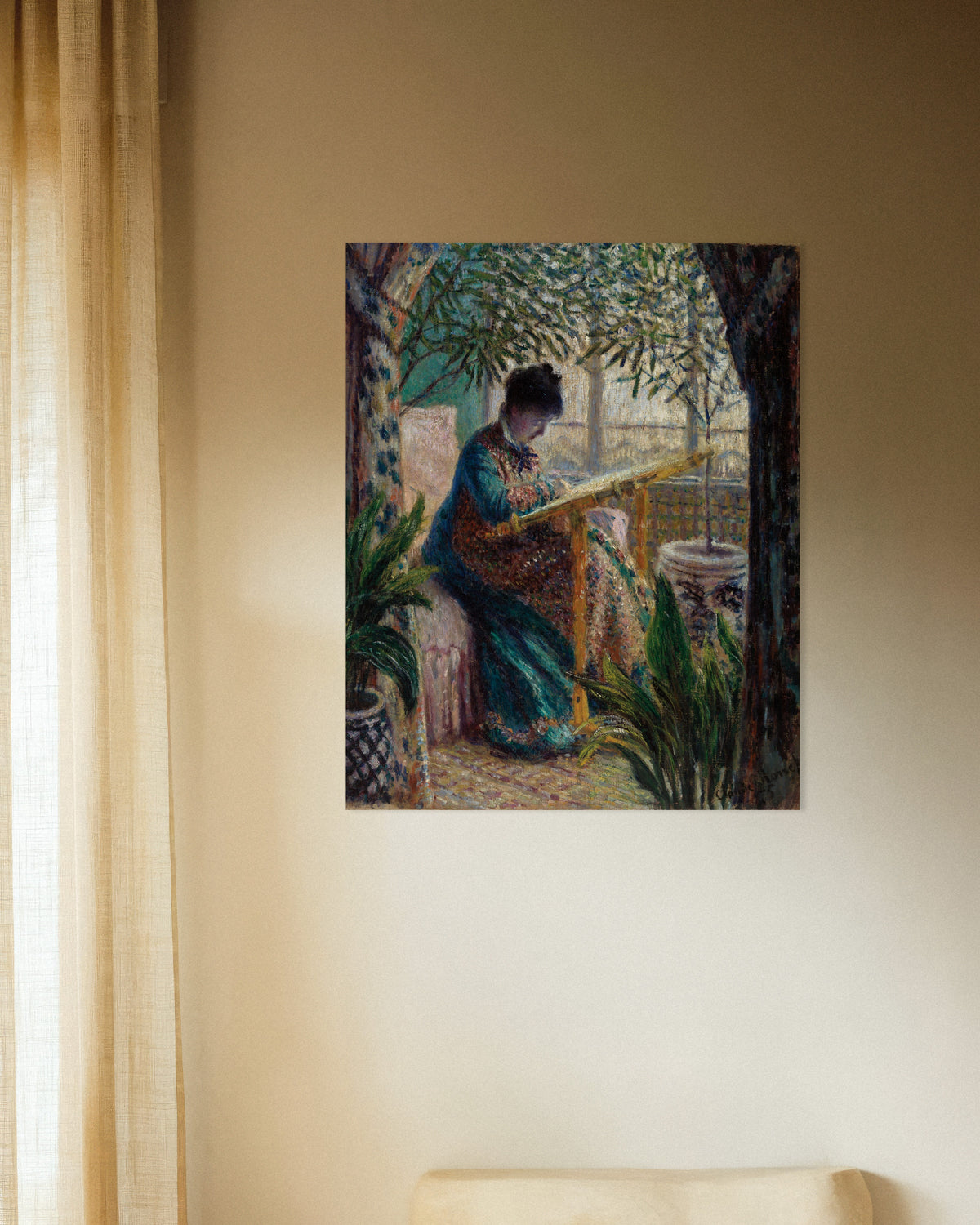 Poster Madame Monet broderar (1875) av Claude Monet