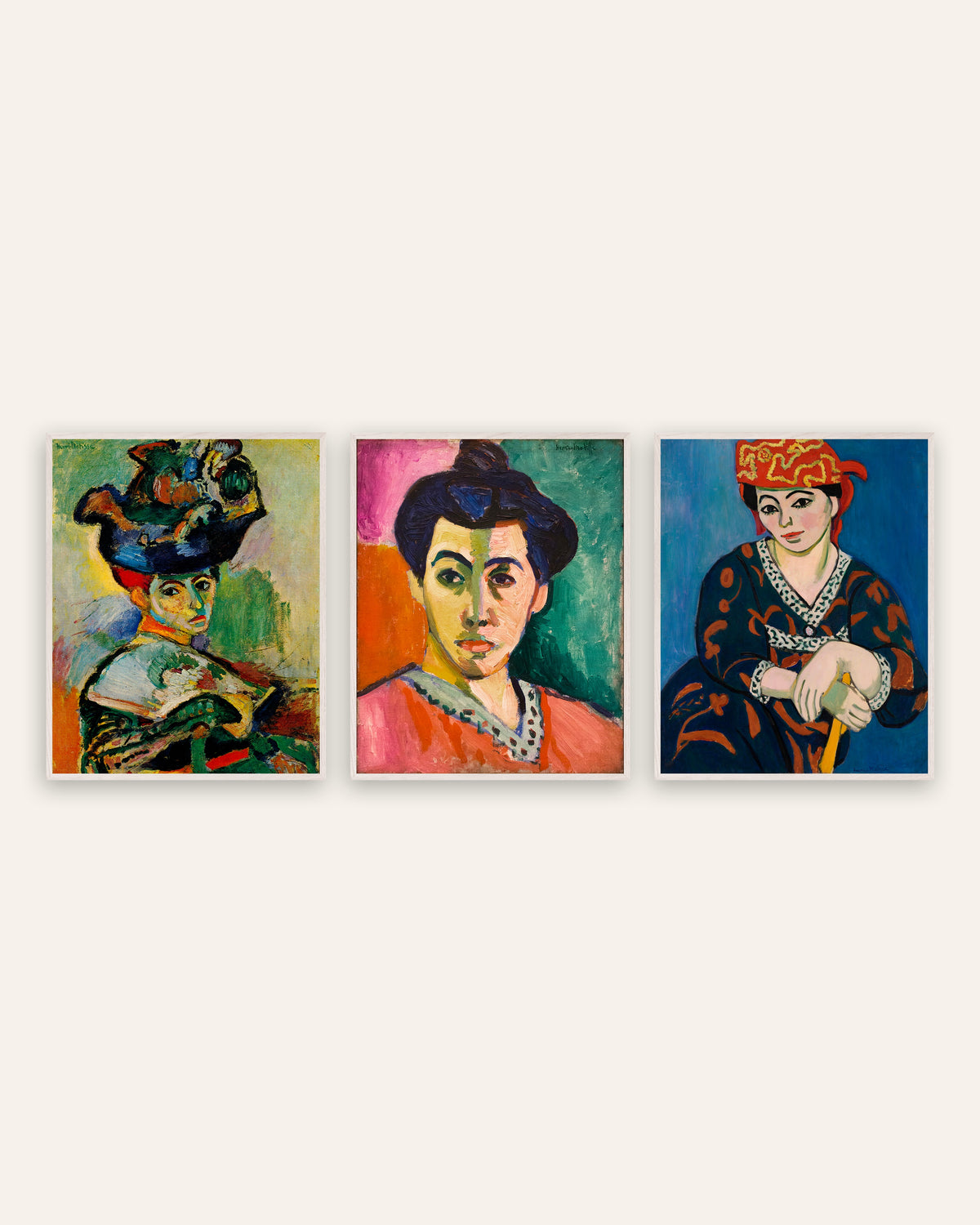 Matisse-posters, set med 3 fauvistiska porträtt: Kvinna med hatt, Madame Matisse och Röd huvudbonad, i vita ekramar