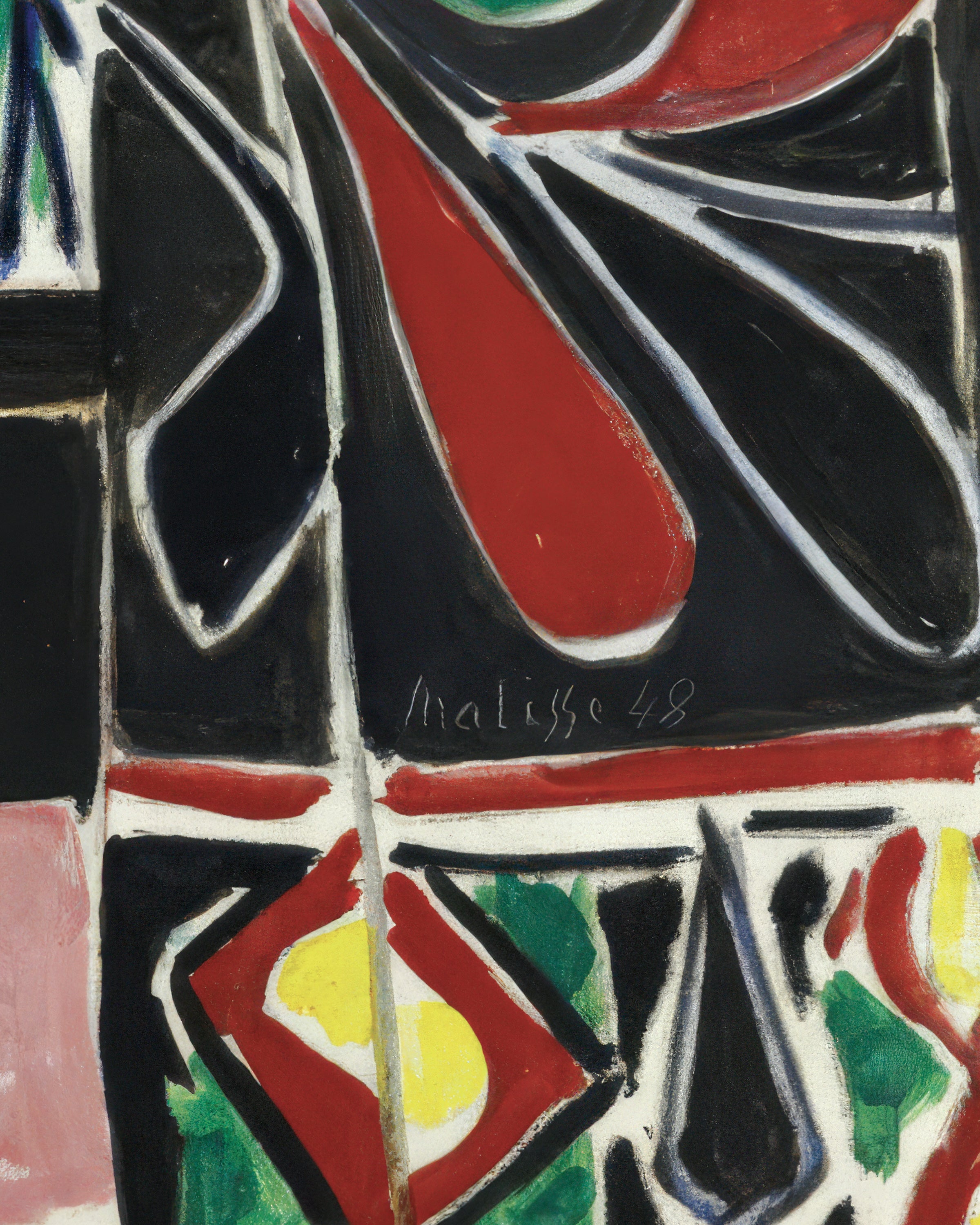 Abstract artwork with geometric shapes and bold colors, signed 'Matisse' at the bottom.