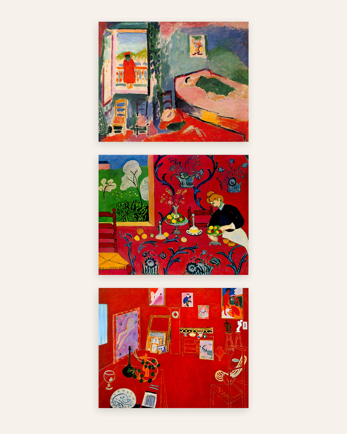 Matisse-posters, set med 3: Interiör i Collioure, Harmoni i rött och Den röda ateljén, utan ram