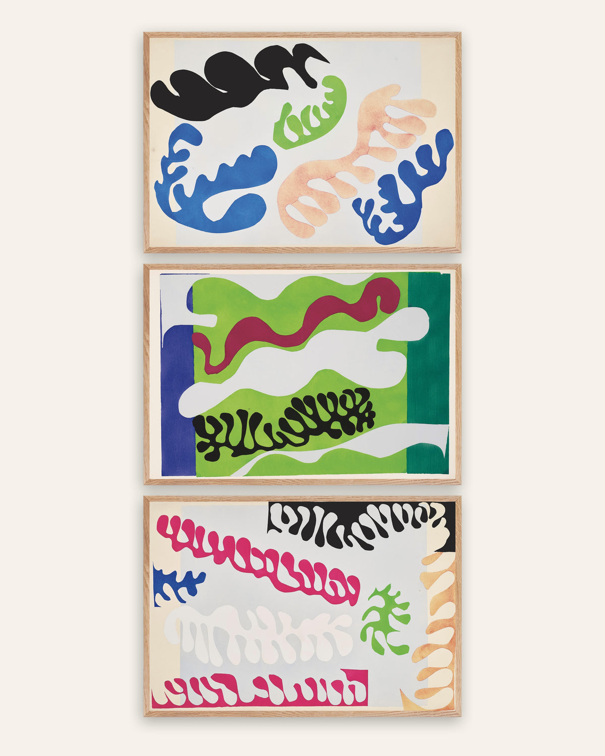 Matisse Jazz-posters, set med 3: Lagunen i blått, grönt och rosa, i ramar av naturek