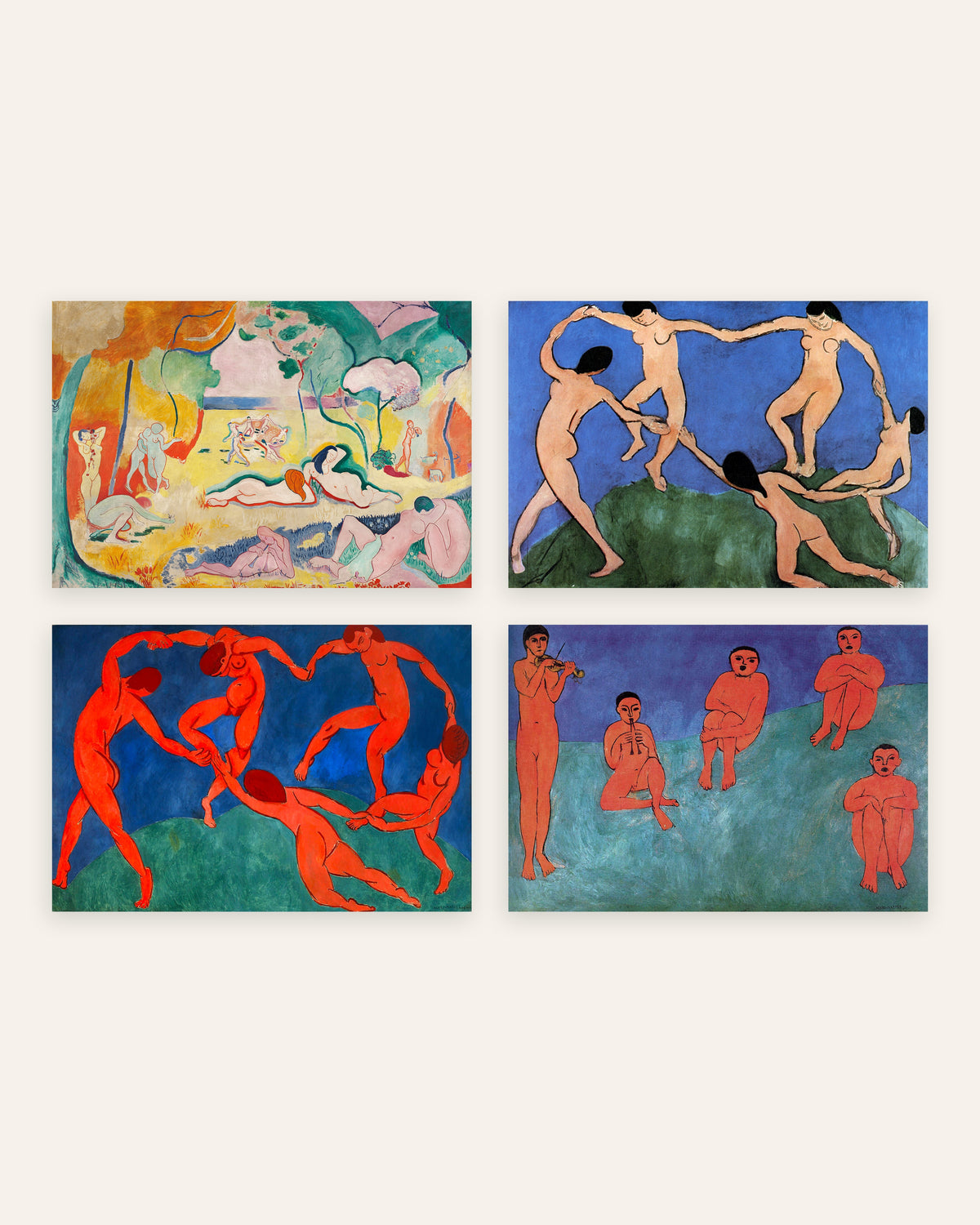Matisse-posters, set med 4: Livsglädjen, Dansen I och II och Musik, utan ram