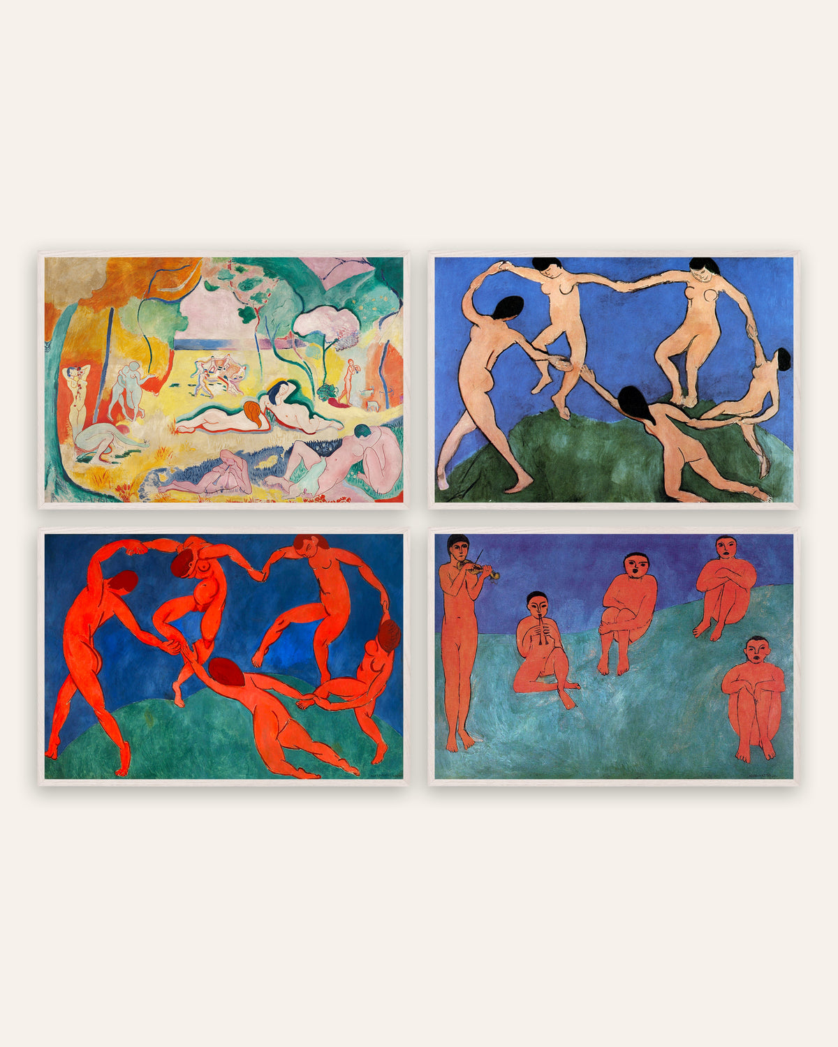 Matisse-posters, set med 4: Livsglädjen, Dansen I och II och Musik, i vita ekramar