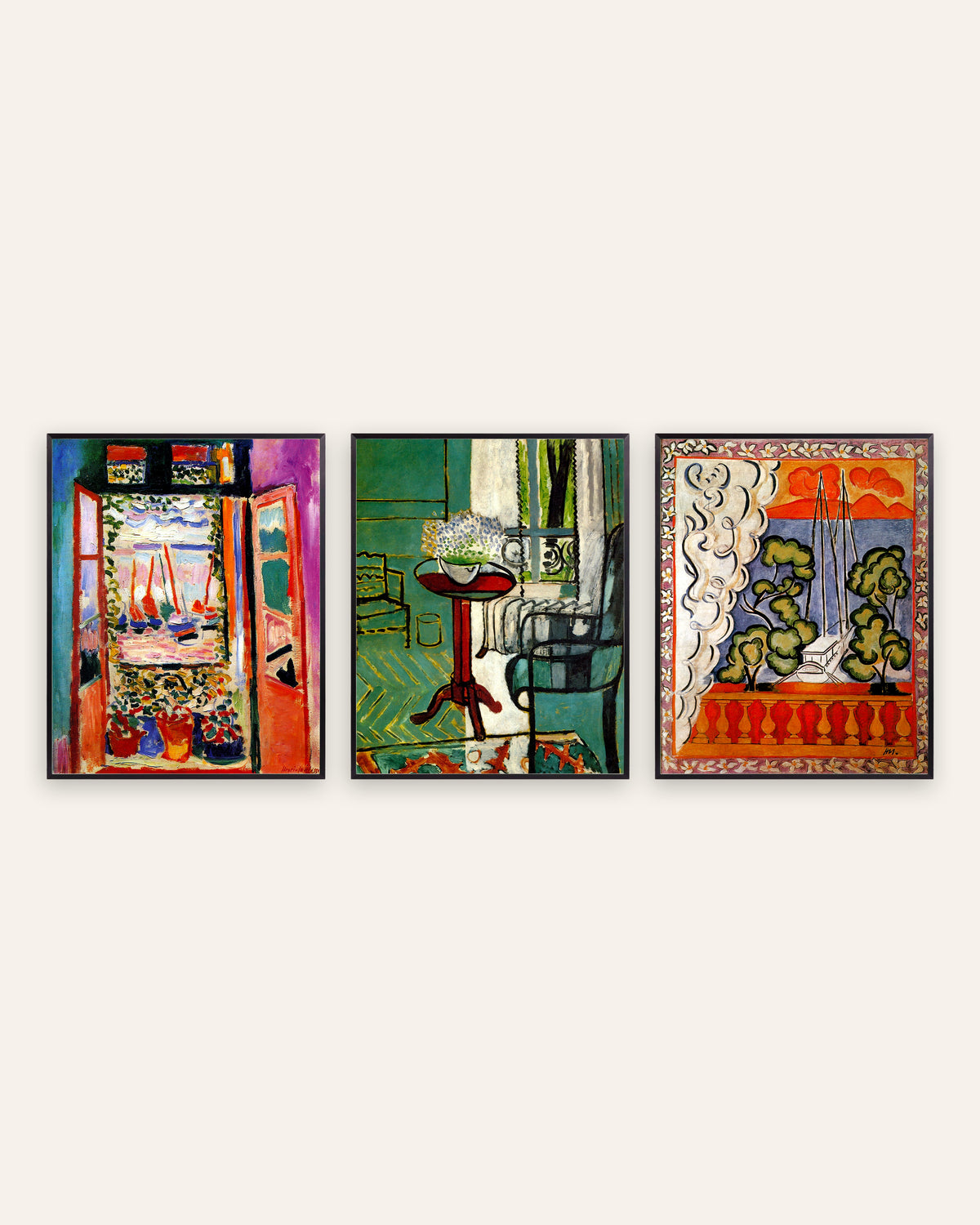 Matisse-posters, set med 3: fönster i Collioure, med förgätmigej och på Tahiti, i svarta metallramar
