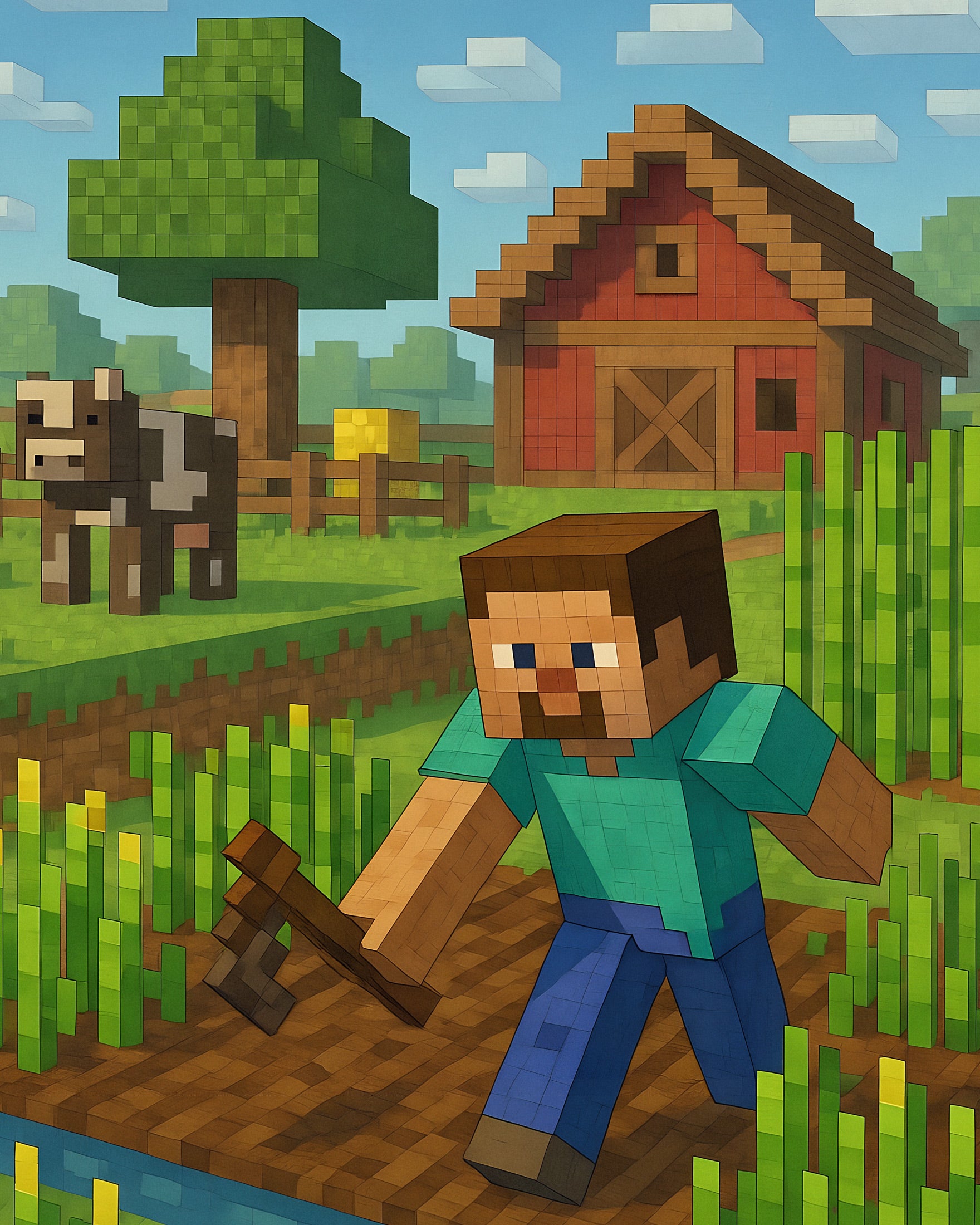 Minecraft Farm Scene – fält, lada & grödor poster