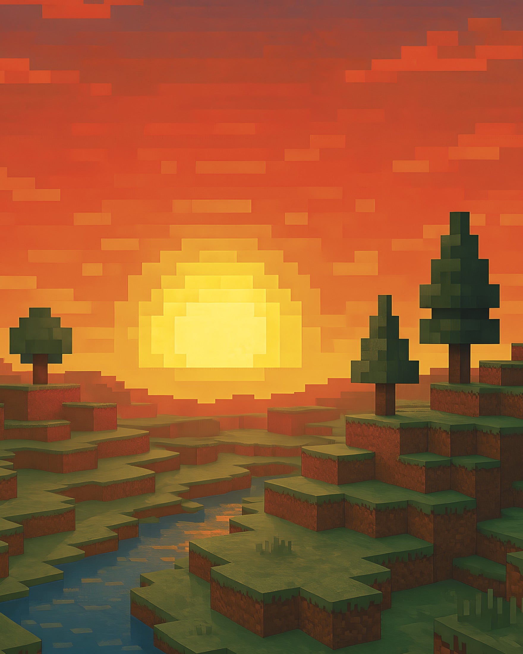 Minecraft Sunset – pixel art-fanposter med flod och träd