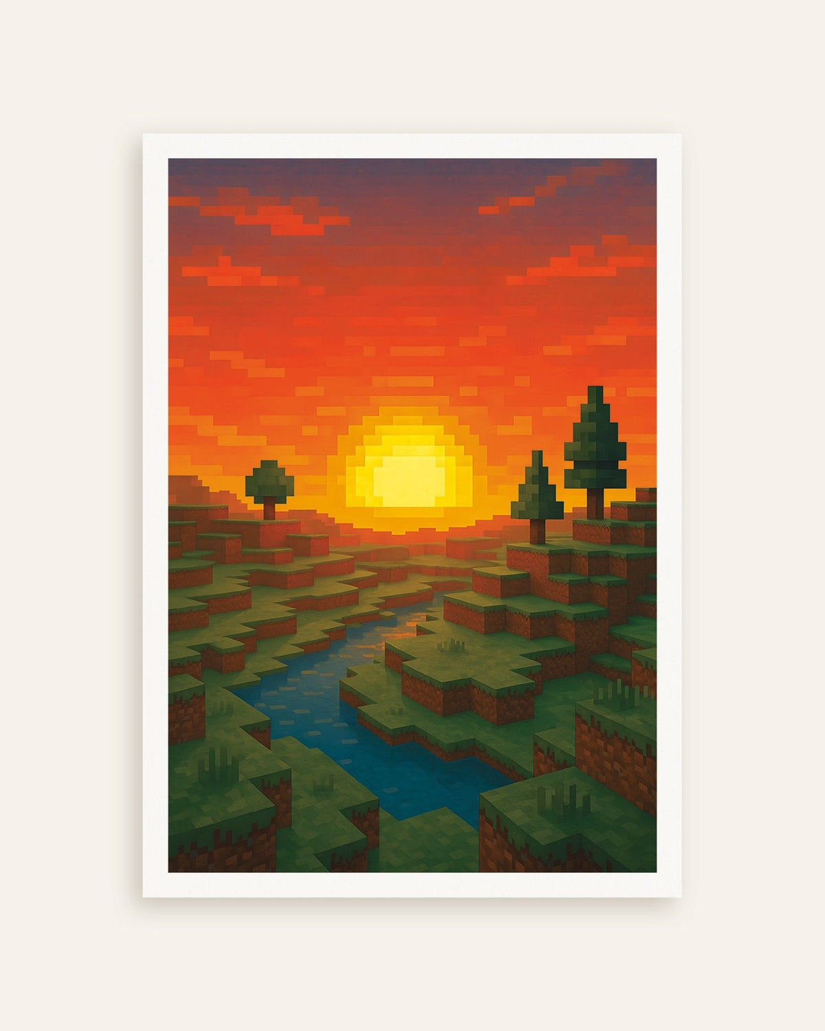 Poster med Solnedgång – poster för konstfans med pixlade block, flod och träd, miniatyrbild