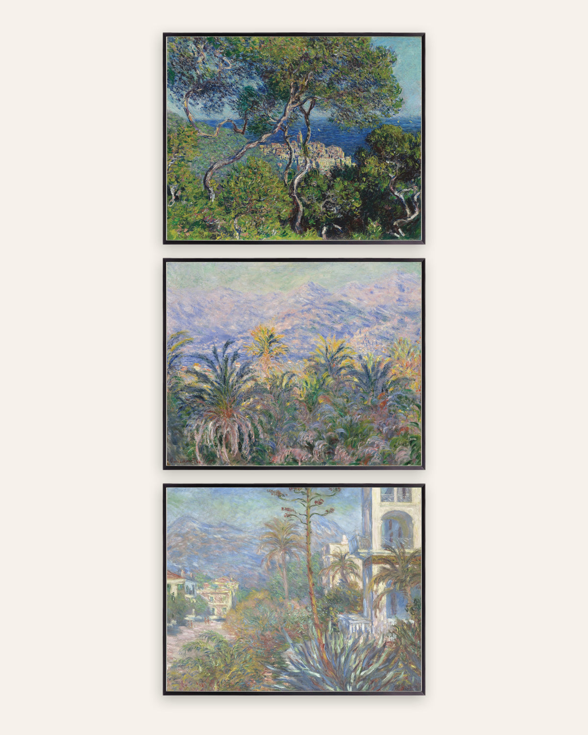 Monet Bordighera posters, set med 3: pinjer, palmer och villor, i svarta metallramar