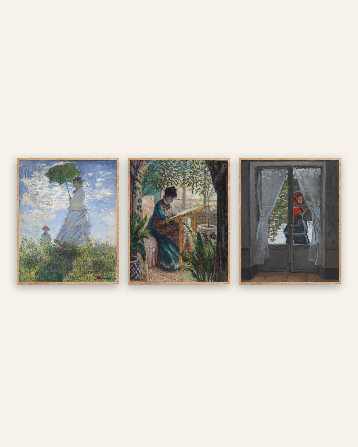 Monet Camille posters, set med 3: Kvinna med parasoll och röd sjal, i ramar av naturek