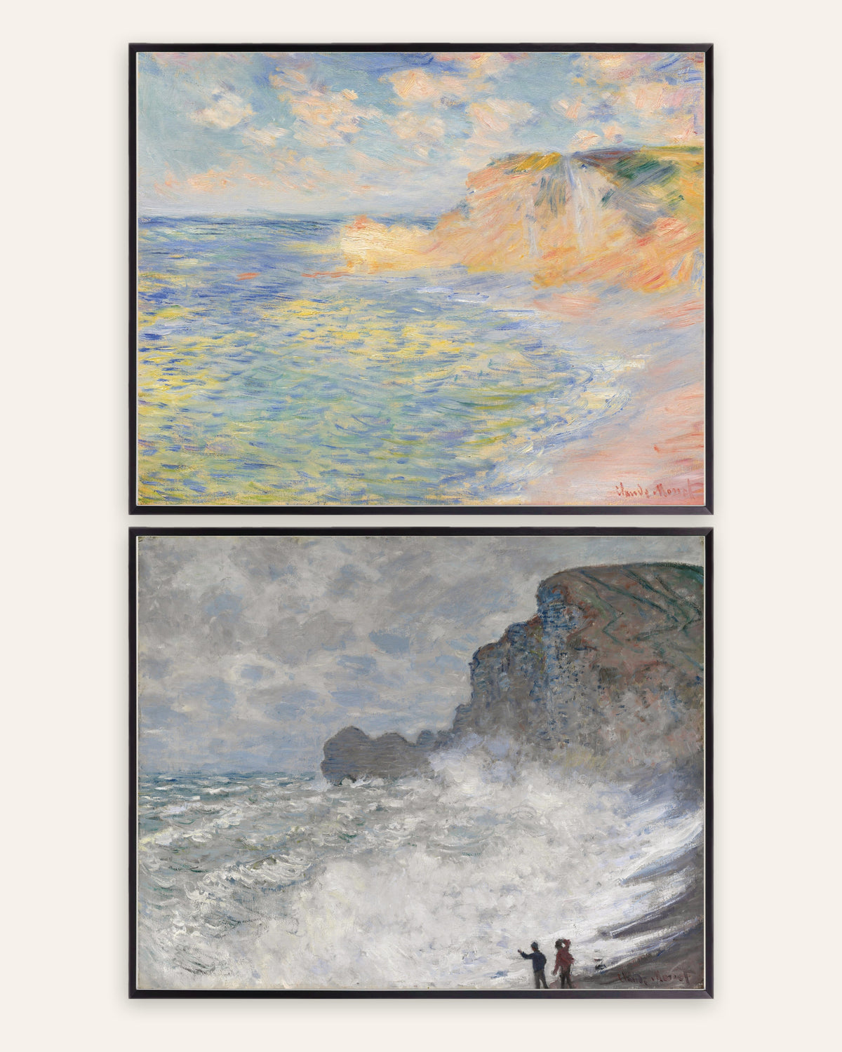 Monet Étretat posters, set med 2: Falaise d’Amont och oväder, i svarta metallramar