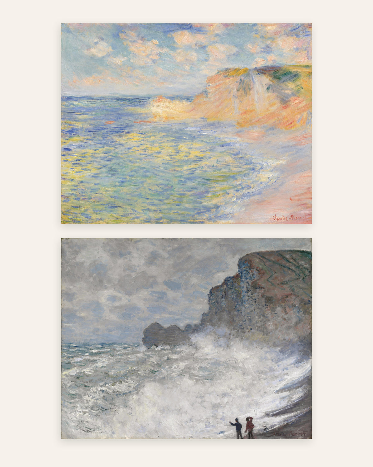 Monet Étretat posters, set med 2: Falaise d’Amont och oväder, utan ram