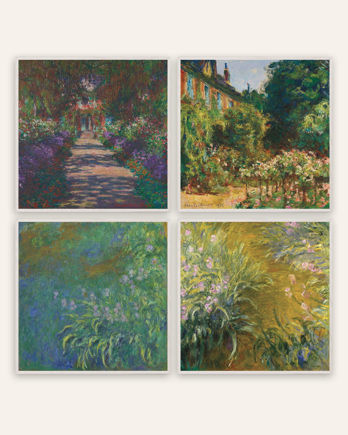 Monet Trädgården i Giverny posters, set med 4: allé, hus och irisar, i vita ekramar