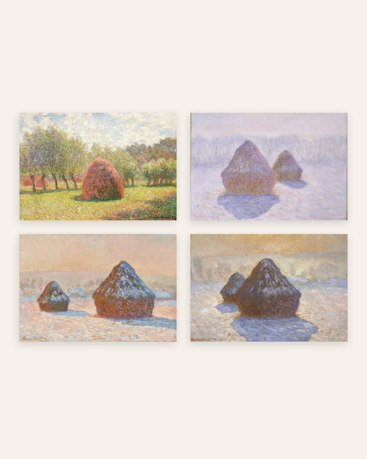 Monet Höstackar posters, set med 4: från sommar till snö, utan ram