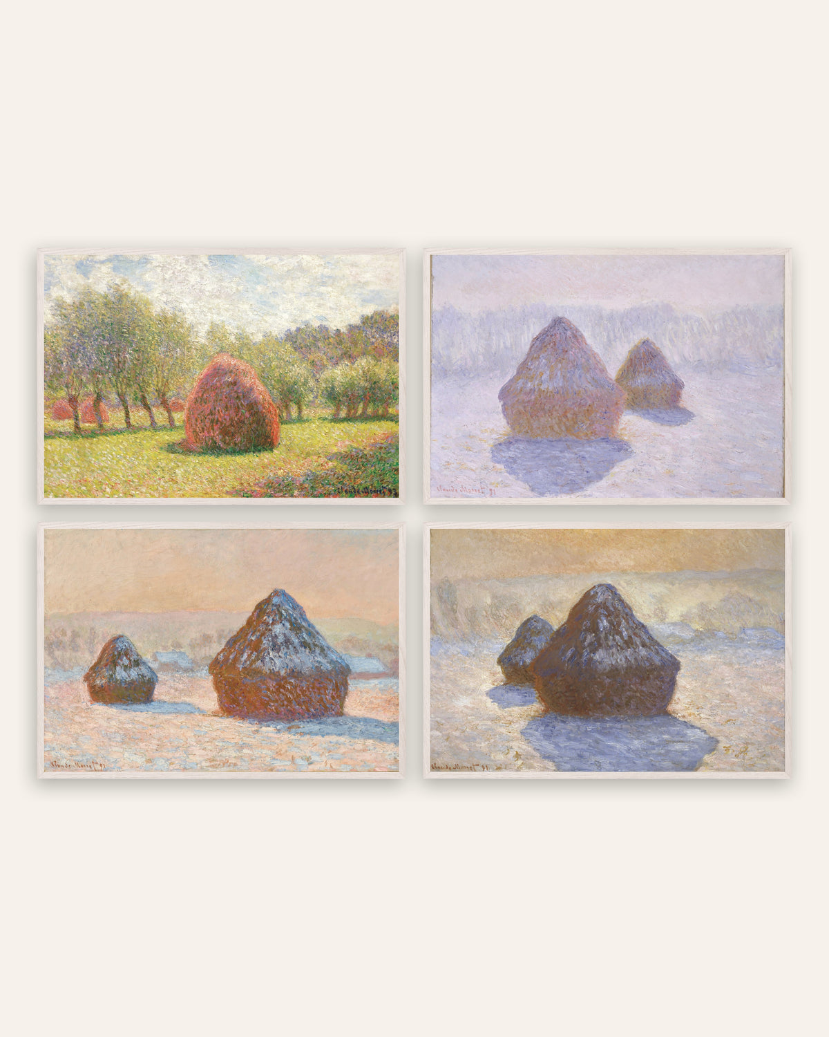 Monet Höstackar posters, set med 4: från sommar till snö, i vita ekramar