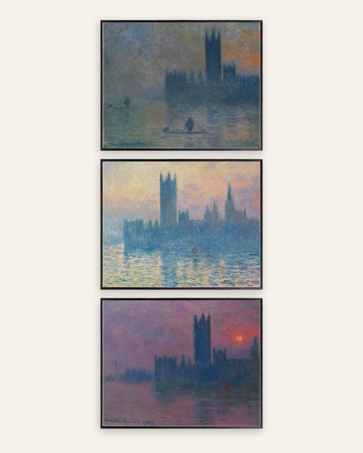 Monet Parlamentet posters, set med 3: dimma och solnedgång, i svarta metallramar