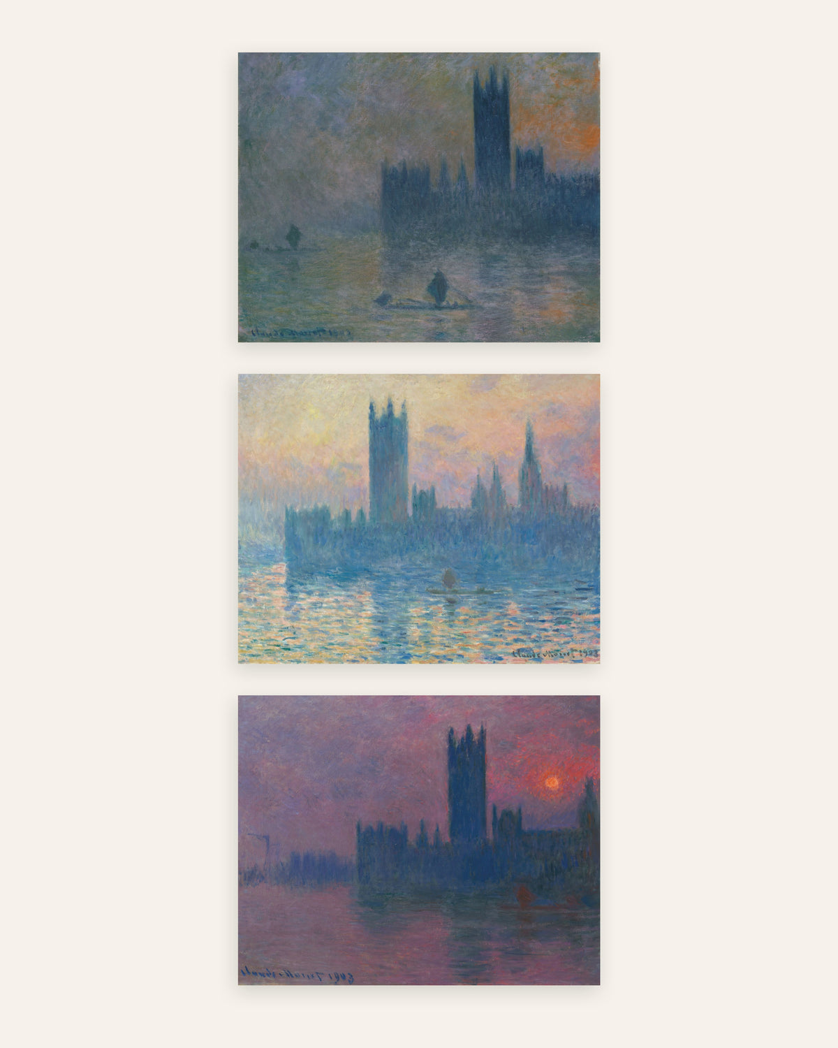 Monet Parlamentet posters, set med 3: dimma och solnedgång, utan ram