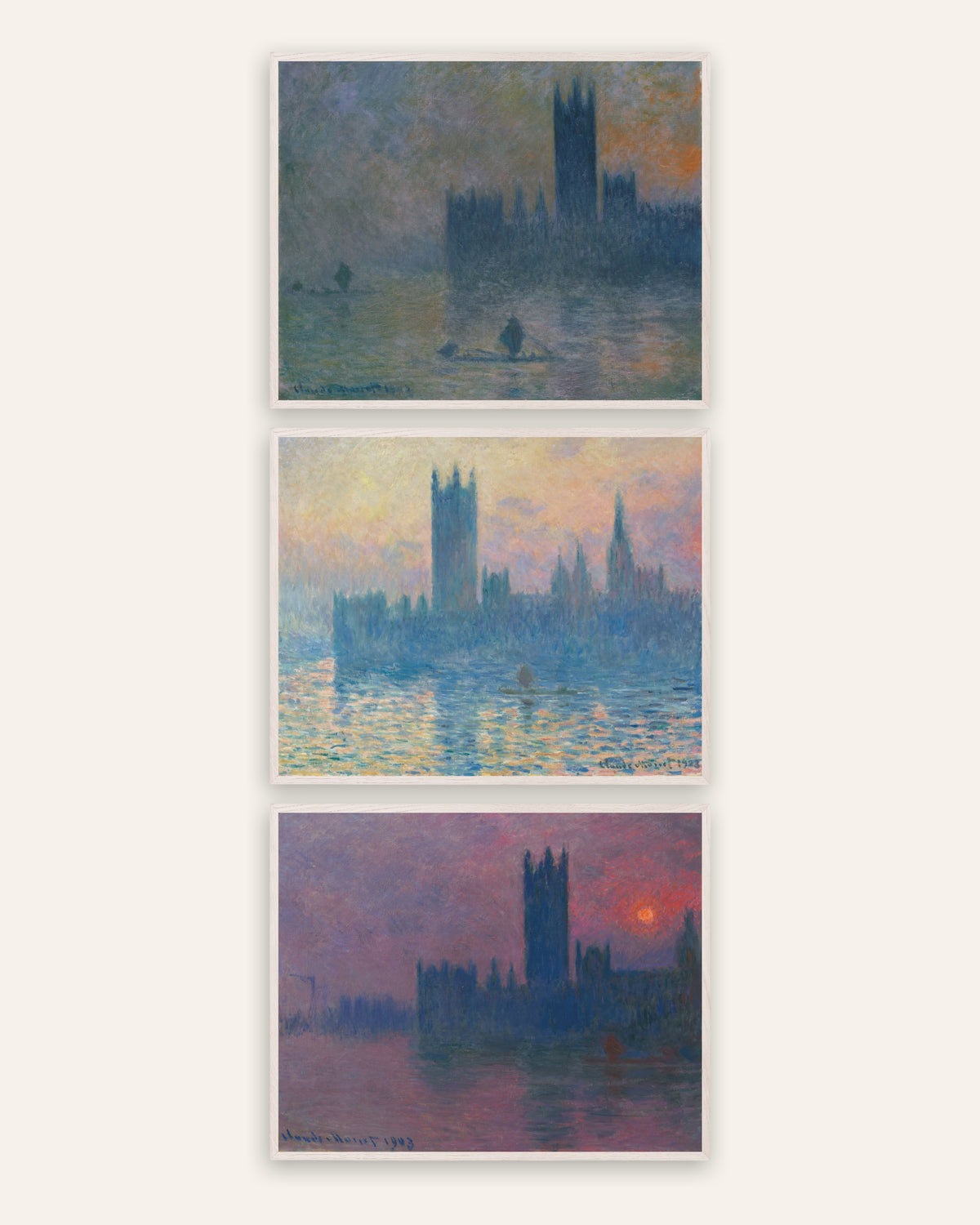Monet Parlamentet posters, set med 3: dimma och solnedgång, i vita ekramar
