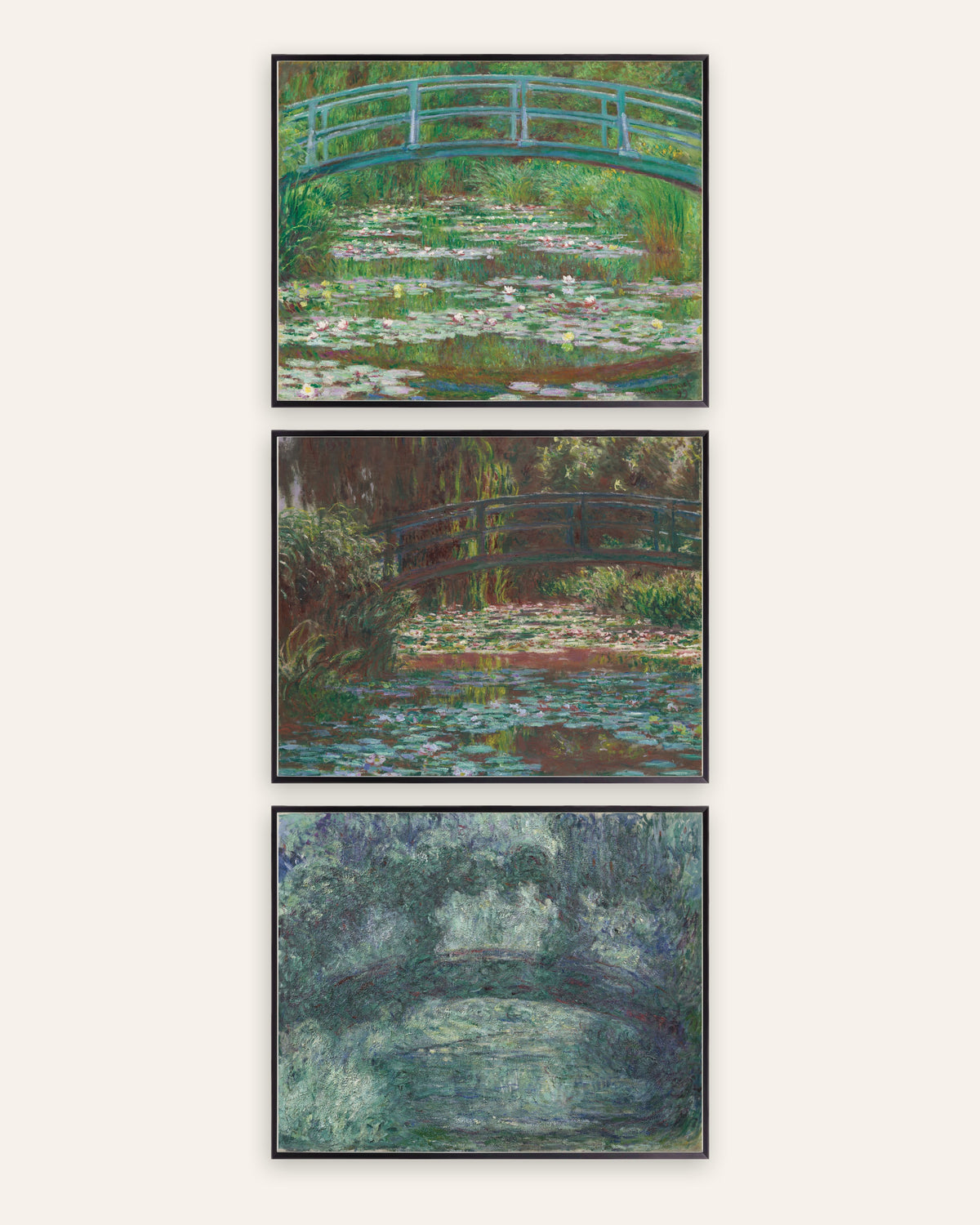 Monet Den japanska bron posters, set med 3: Giverny, 1899 till 1924, i svarta metallramar