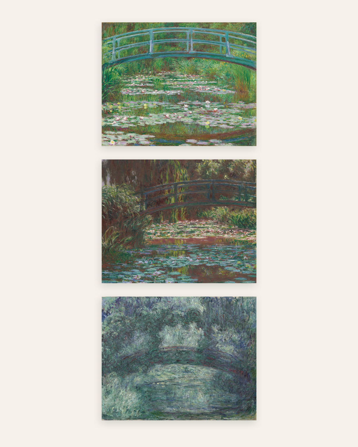 Monet Den japanska bron posters, set med 3: Giverny, 1899 till 1924, utan ram