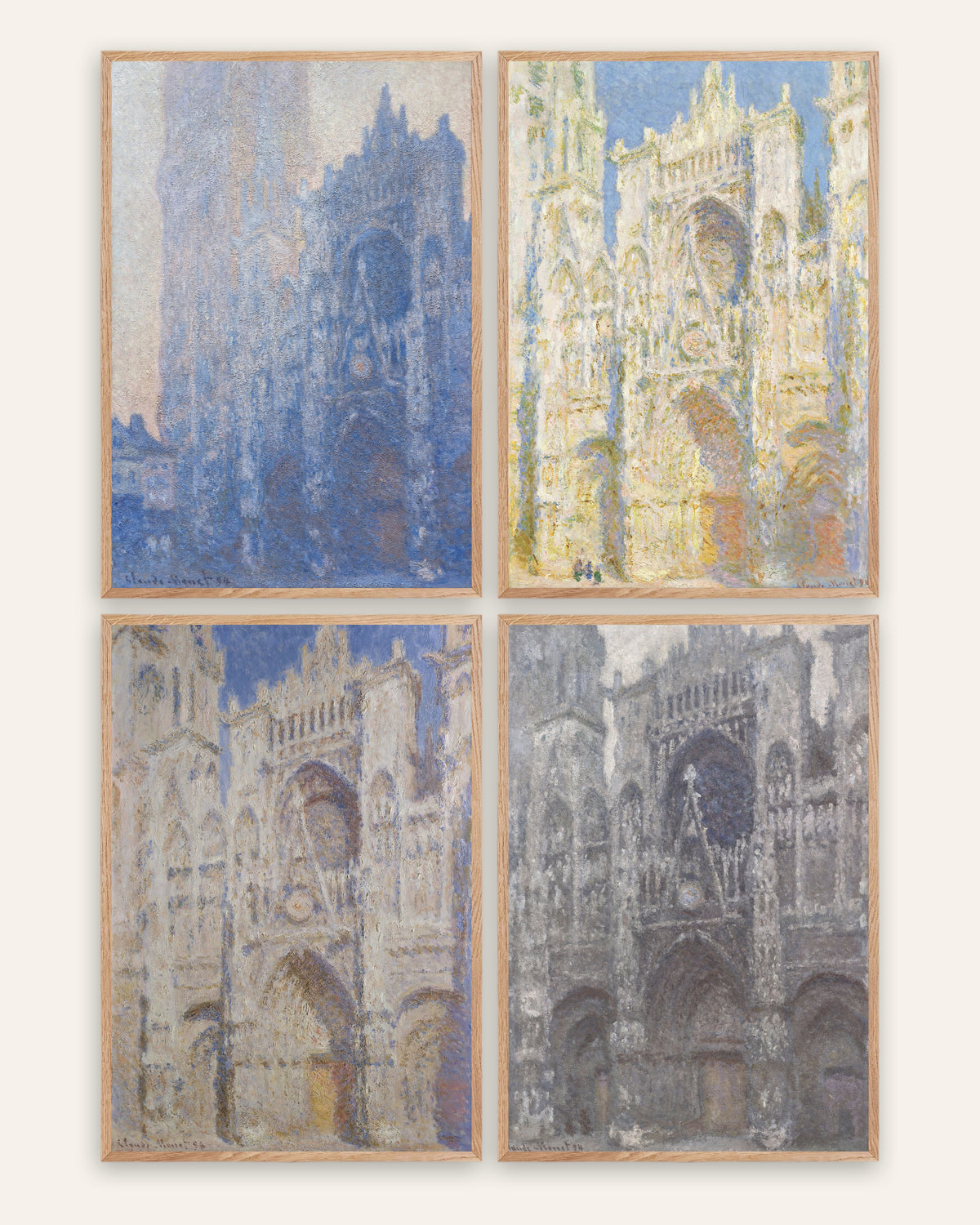 Monet Katedralen i Rouen posters, set med 4: från morgon till grått väder, i ramar av naturek