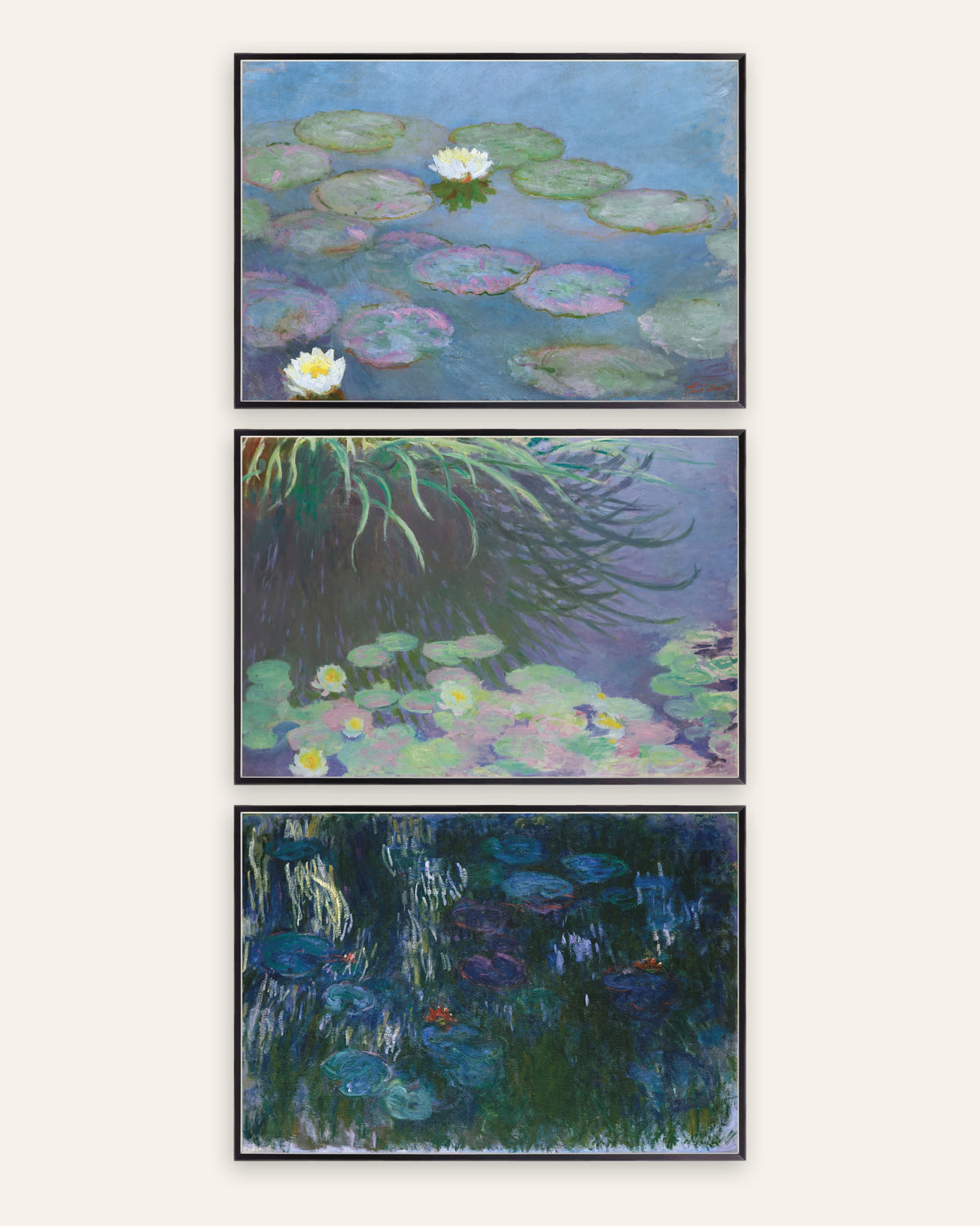 Monet Näckrosor posters, set med 3: tidiga och sena panoramor, i svarta metallramar