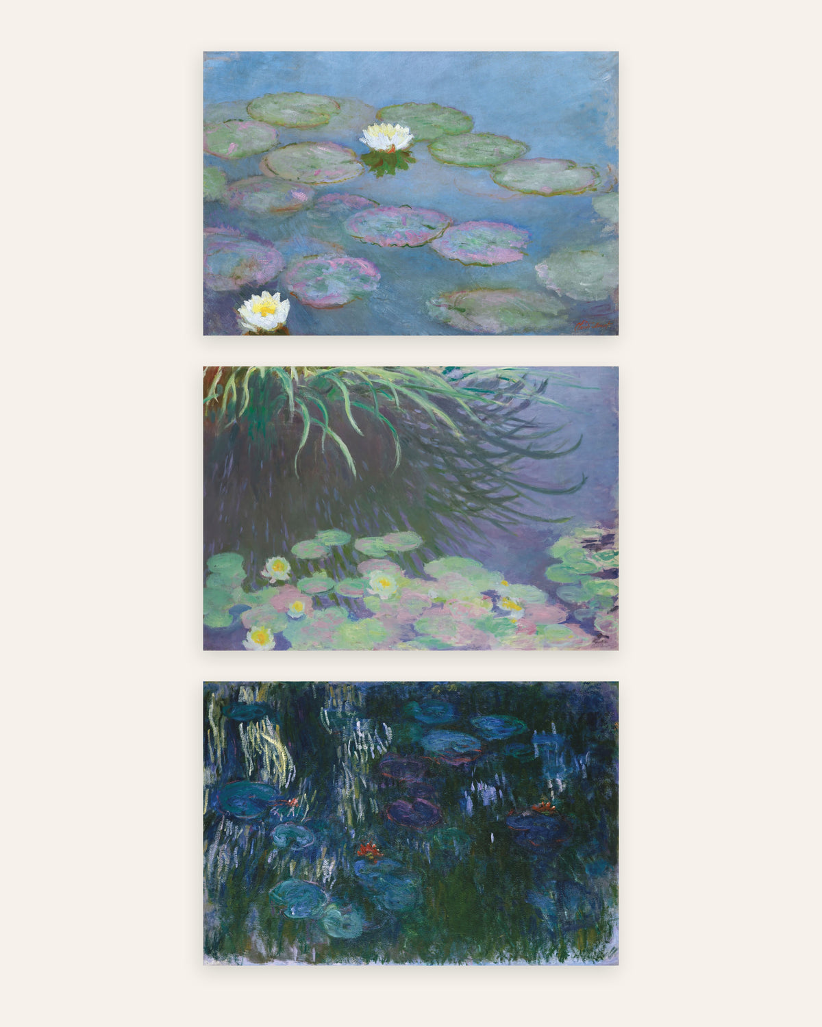 Monet Näckrosor posters, set med 3: tidiga och sena panoramor, utan ram