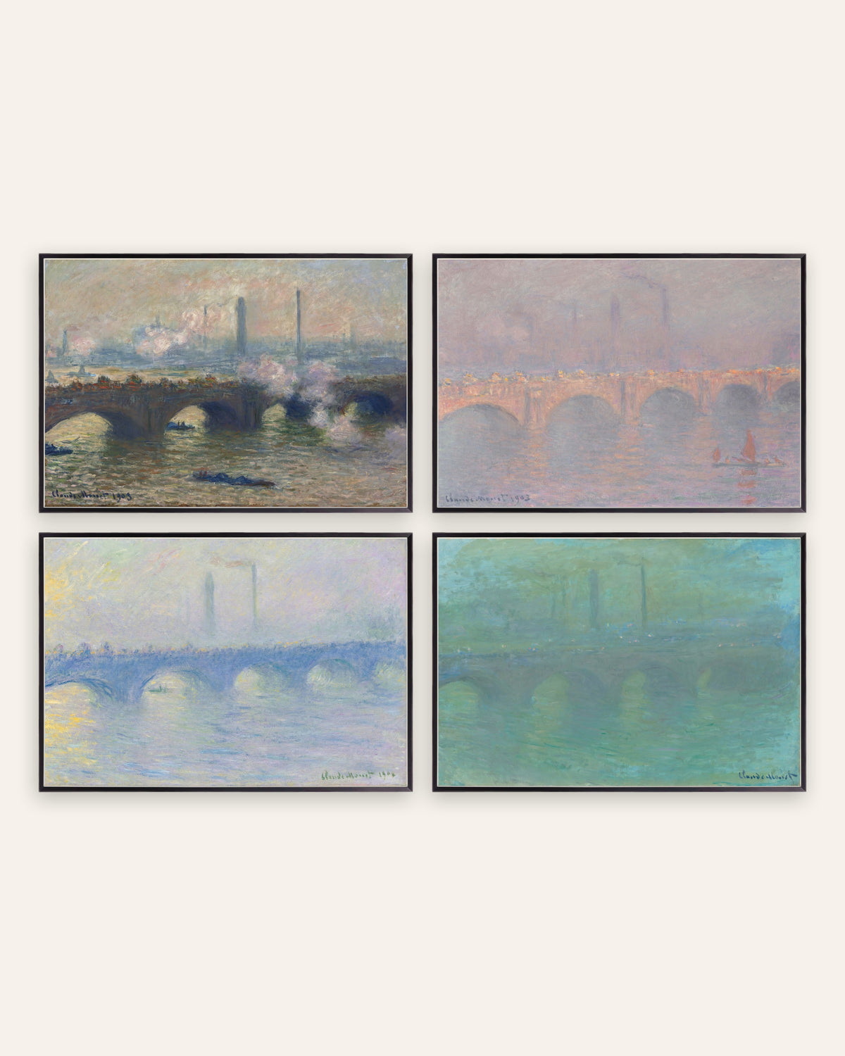 Monet Waterloo Bridge posters, set med 4: grå dag, sol, dis och skymning, i svarta metallramar