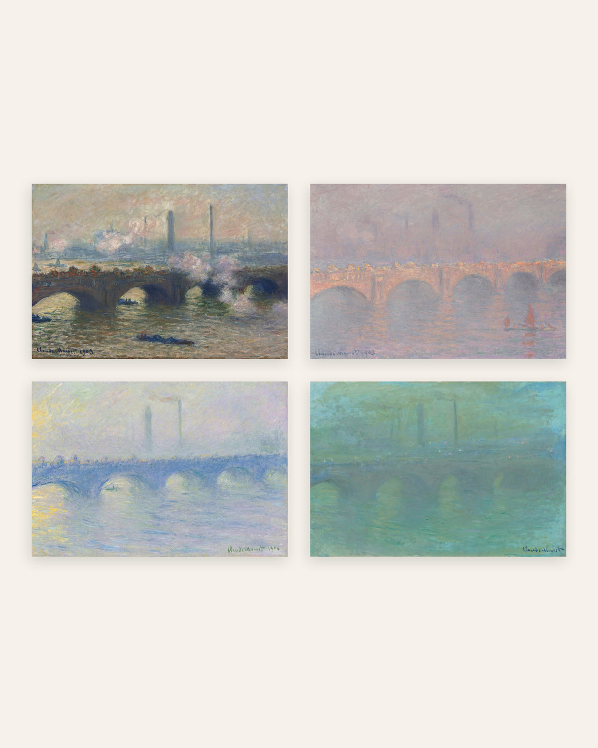 Monet Waterloo Bridge posters, set med 4: grå dag, sol, dis och skymning, utan ram