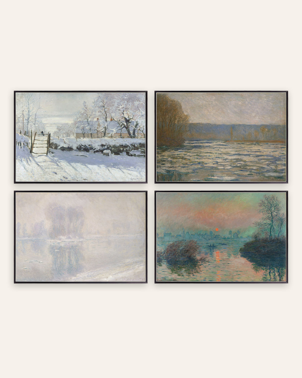 Monet Vinter posters, set med 4: Skatan, is och vintersolnedgång, i svarta metallramar