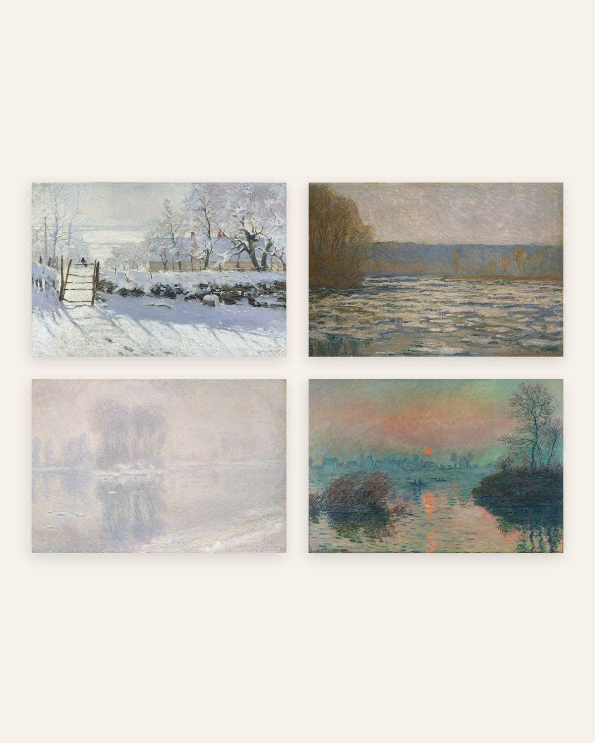 Monet Vinter posters, set med 4: Skatan, is och vintersolnedgång, utan ram
