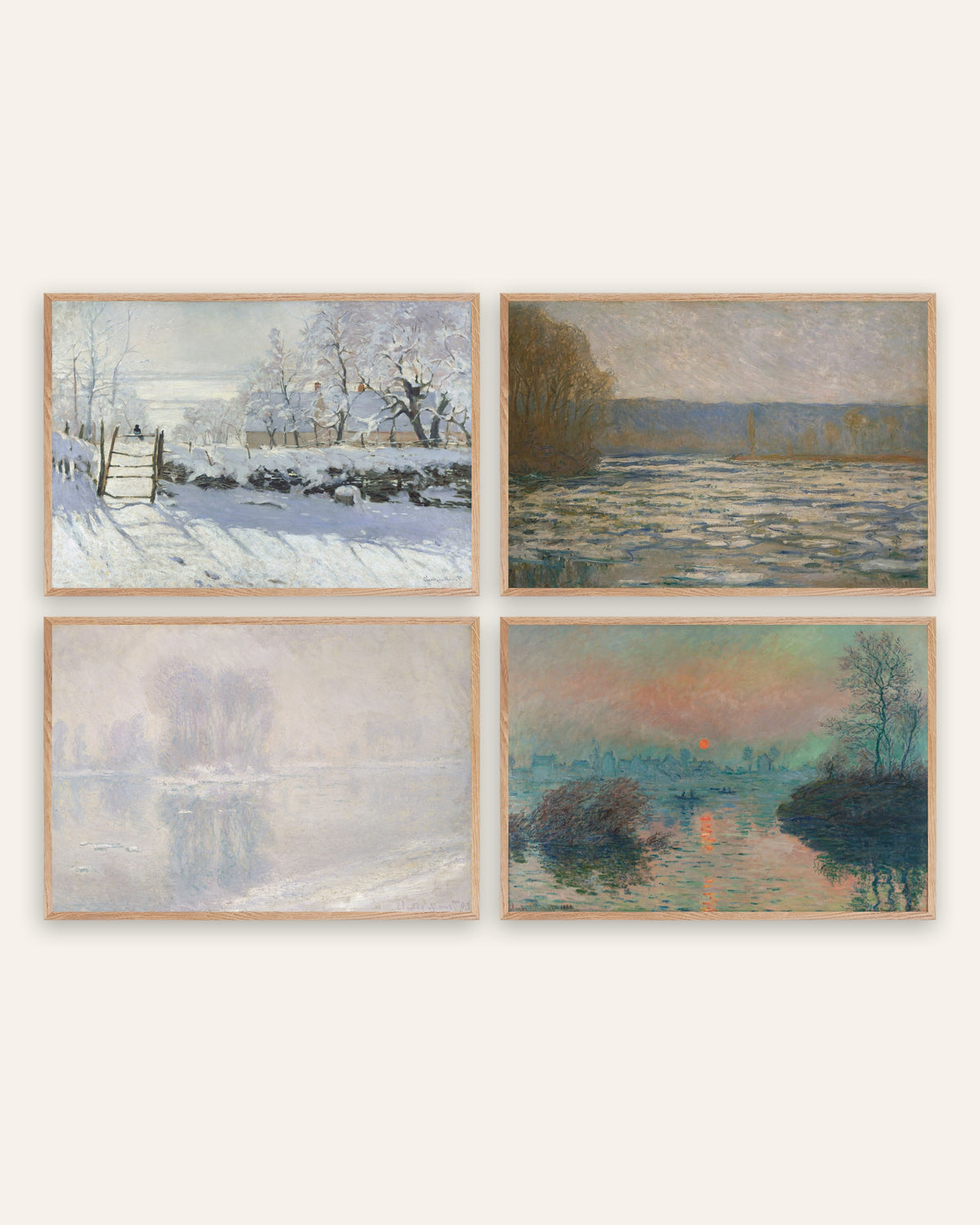 Monet Vinter posters, set med 4: Skatan, is och vintersolnedgång, i ramar av naturek