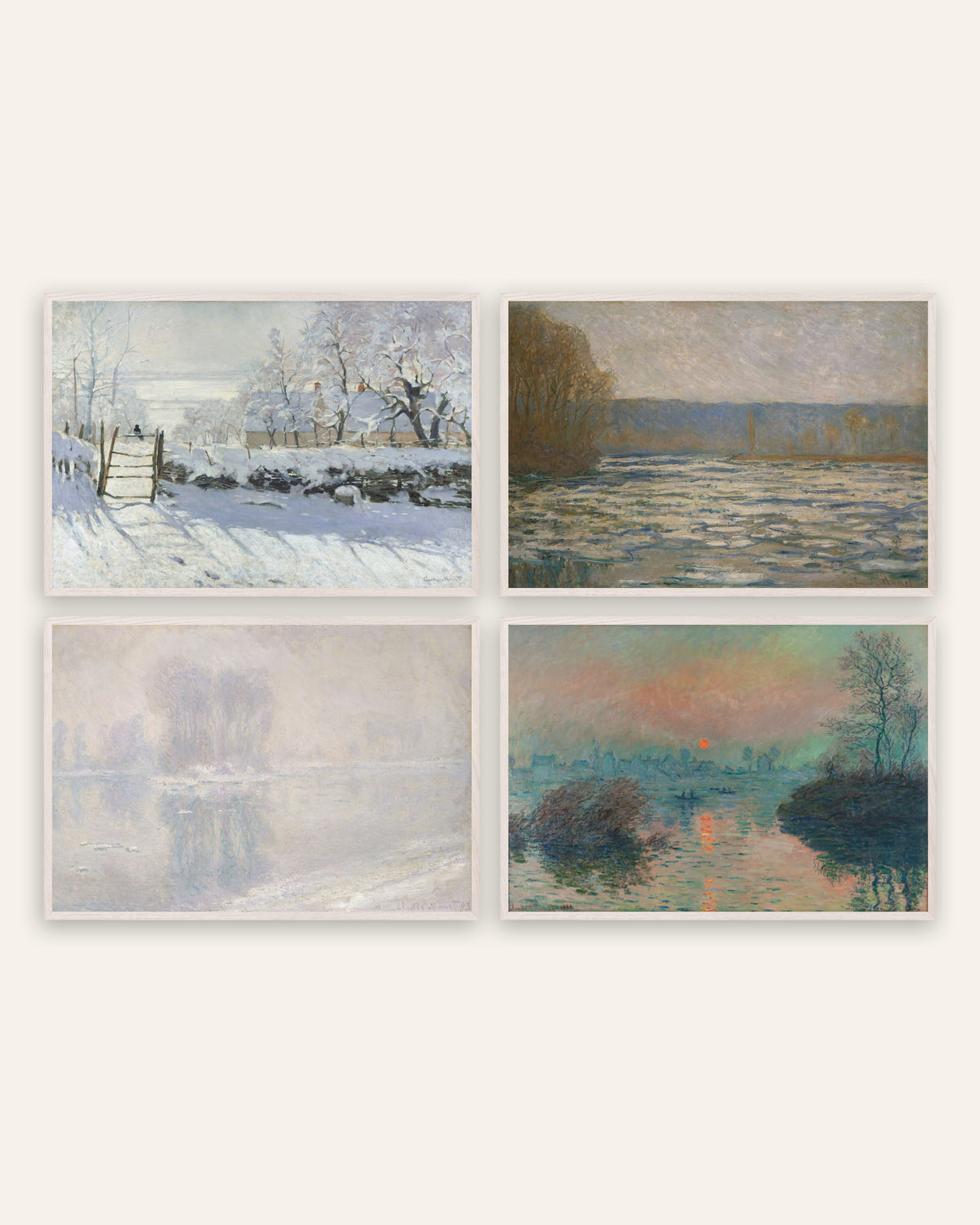 Monet Vinter posters, set med 4: Skatan, is och vintersolnedgång, i vita ekramar