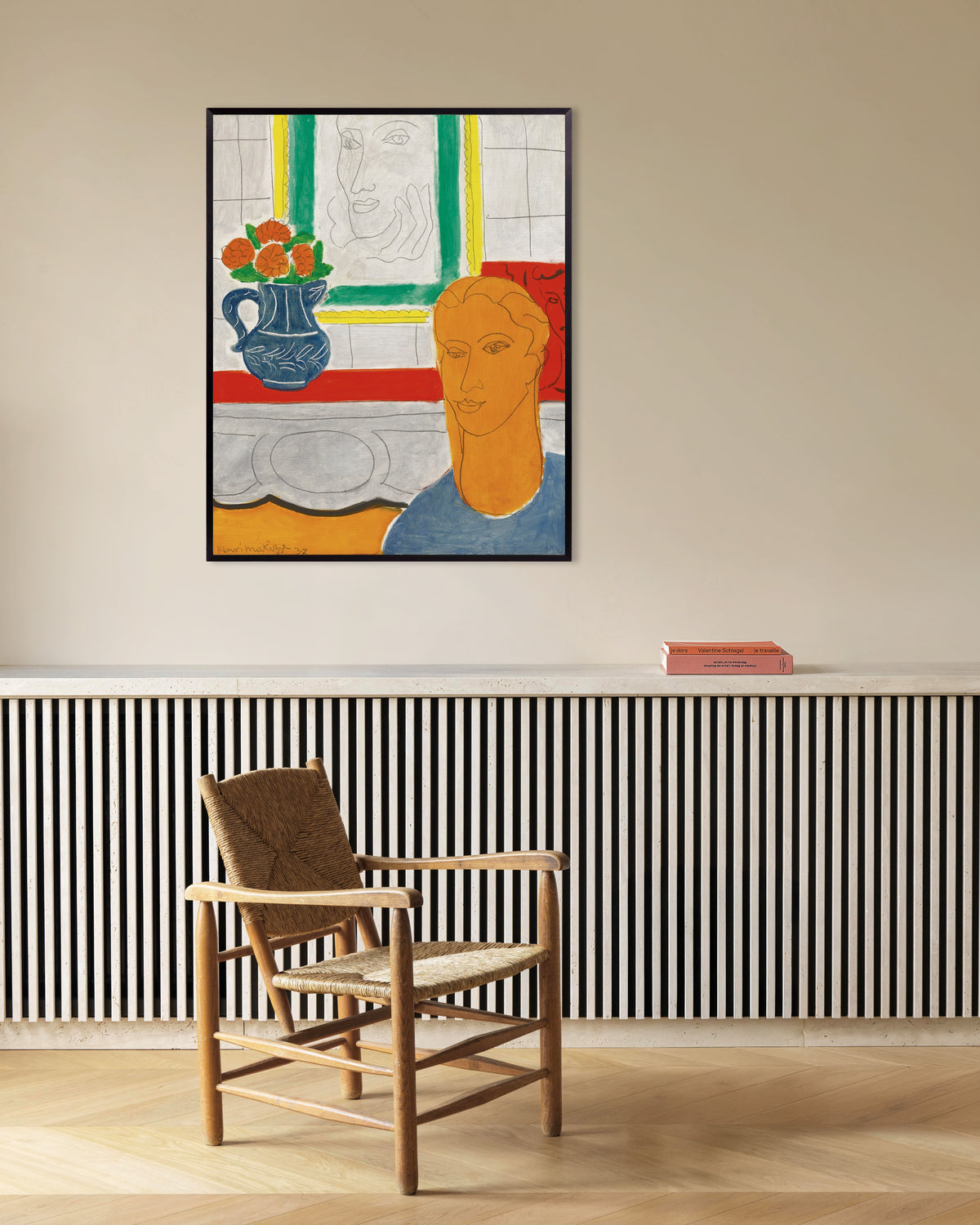 Poster av Ockrahuvud (Figur och bukett) (1937) av Henri Matisse, med metallram