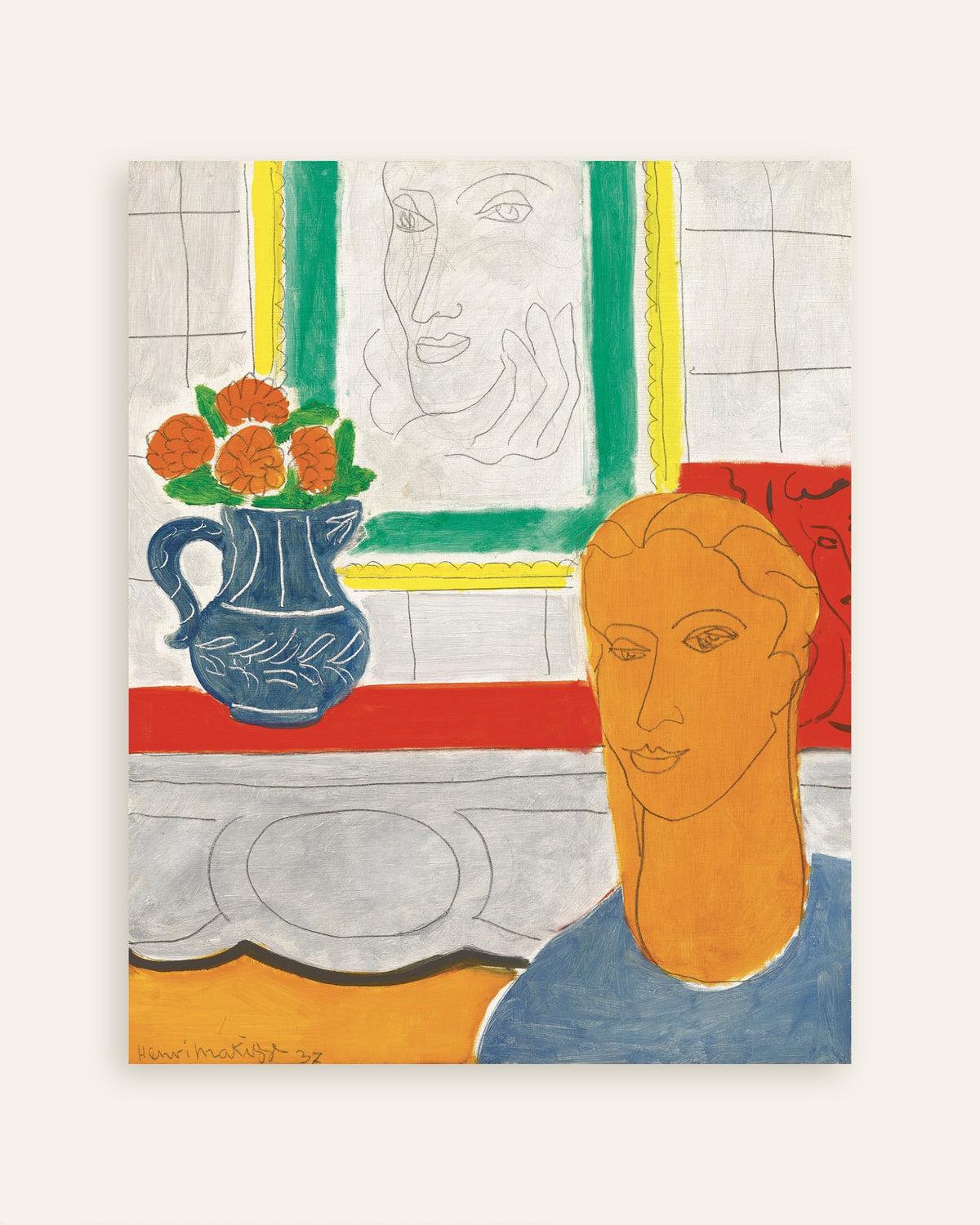Poster av Ockrahuvud (Figur och bukett) (1937) av Henri Matisse, miniatyrbild