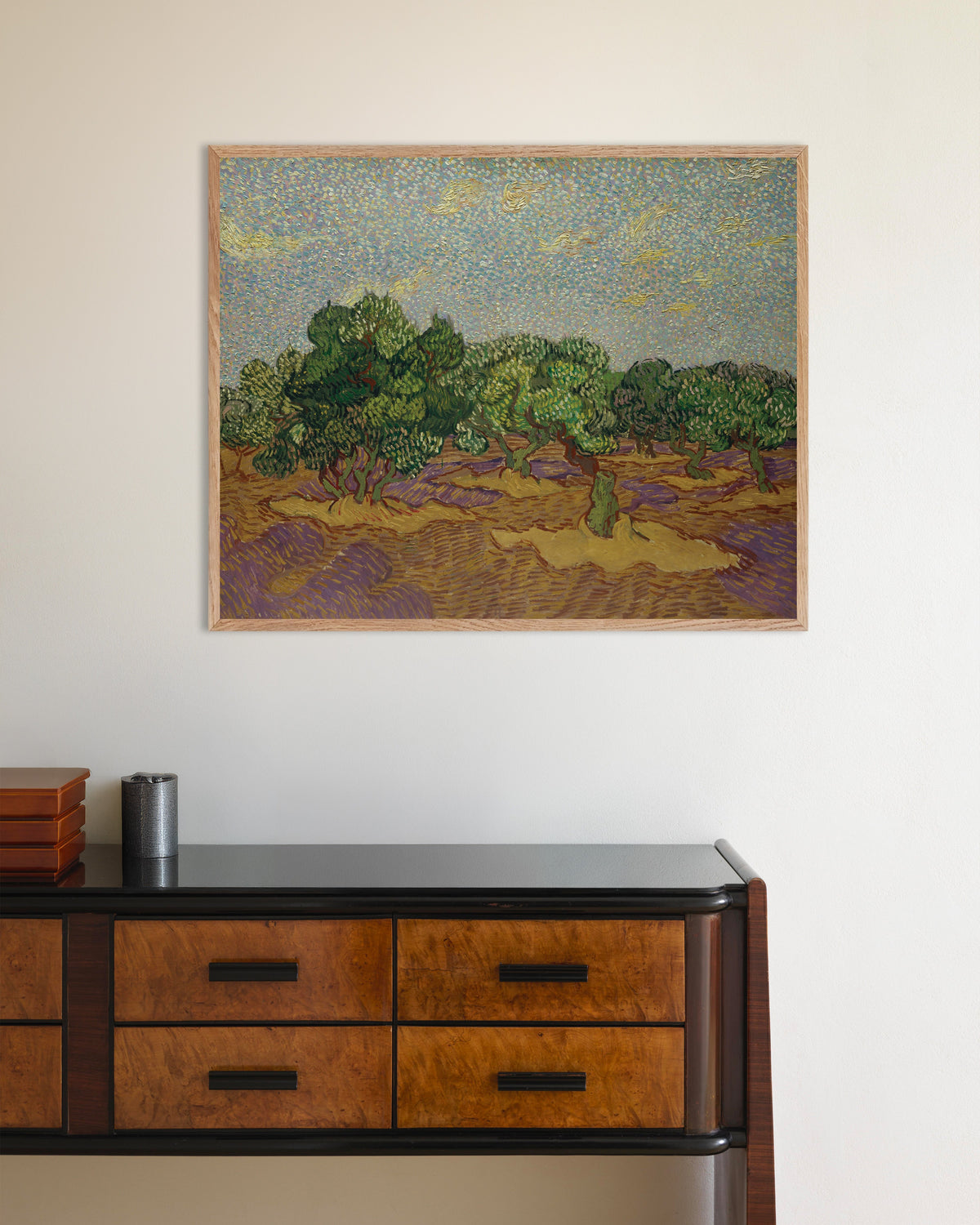 Poster med Olivträd under en blek himmel (1889) av Vincent van Gogh, med ram i naturträ