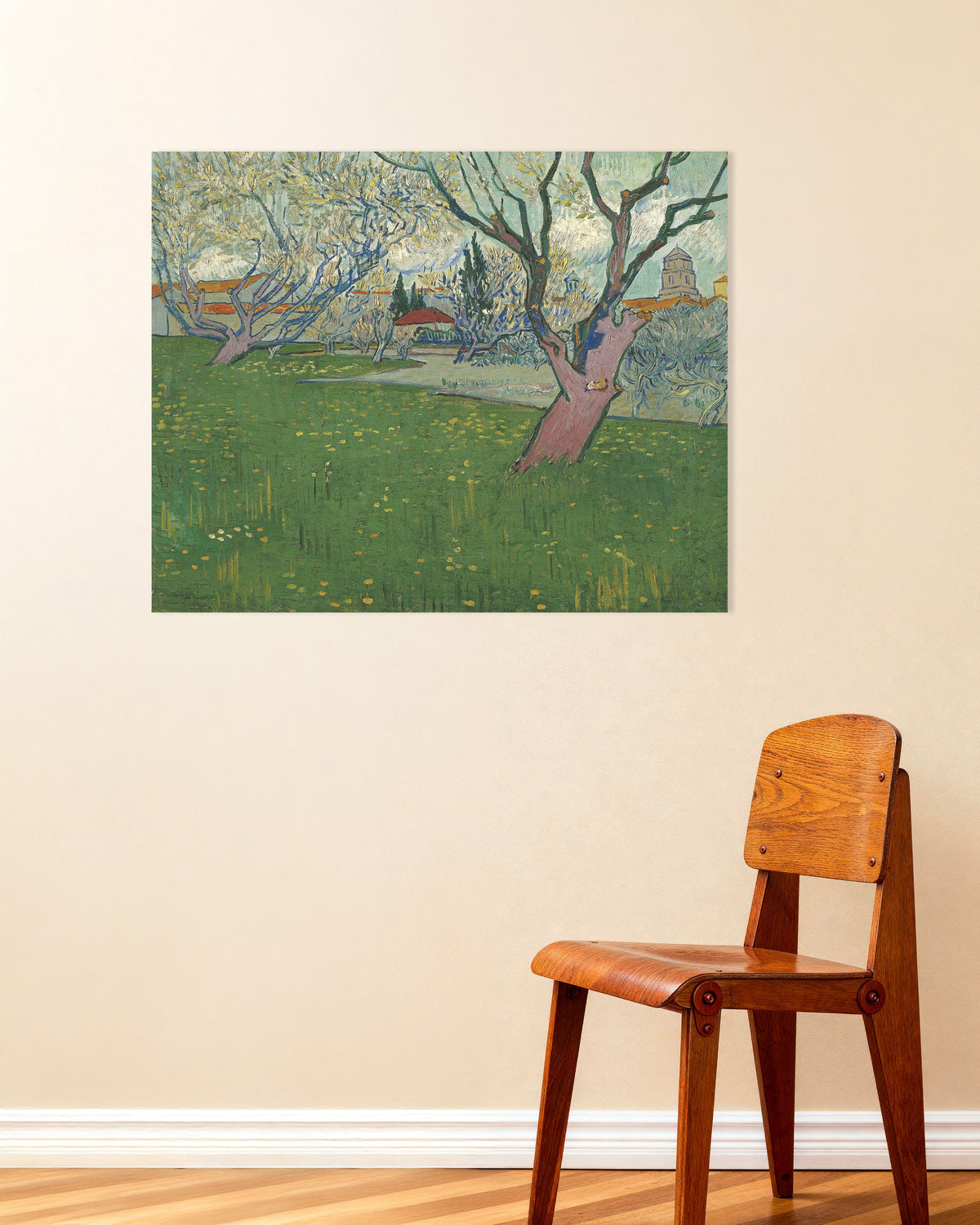 Poster av Fruktträdgård i blom med utsikt över Arles (1889) av Vincent van Gogh