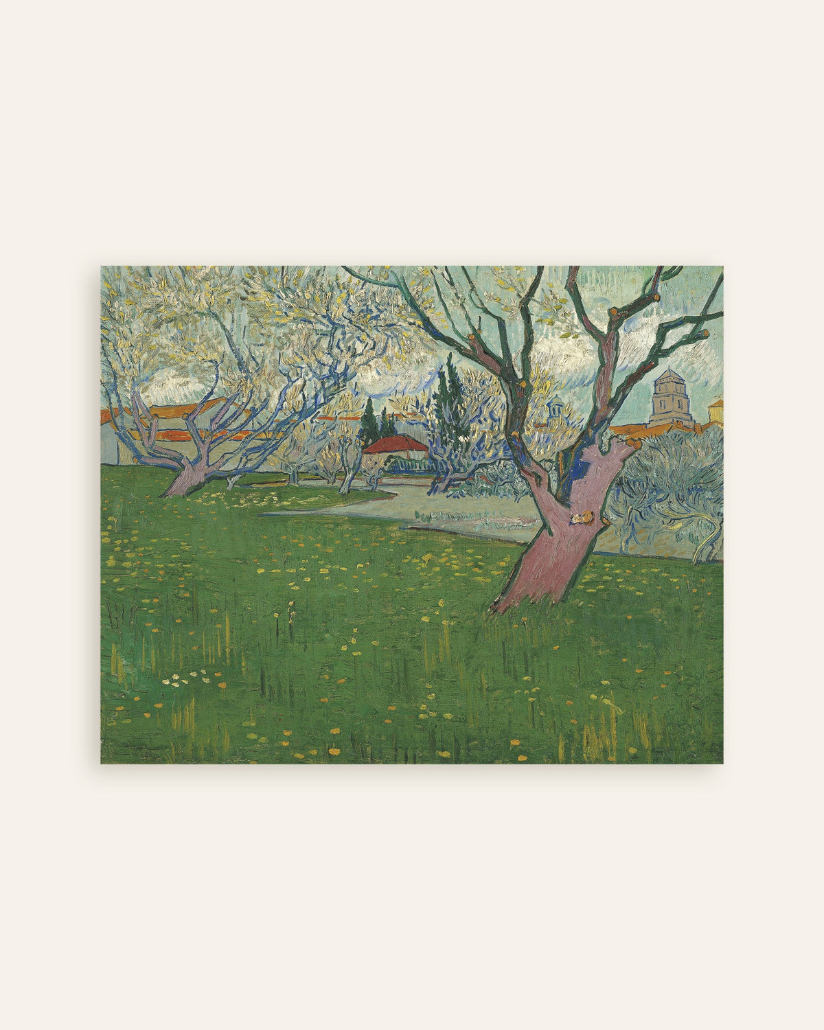 Poster av Fruktträdgård i blom med utsikt över Arles (1889) av Vincent van Gogh, miniatyr