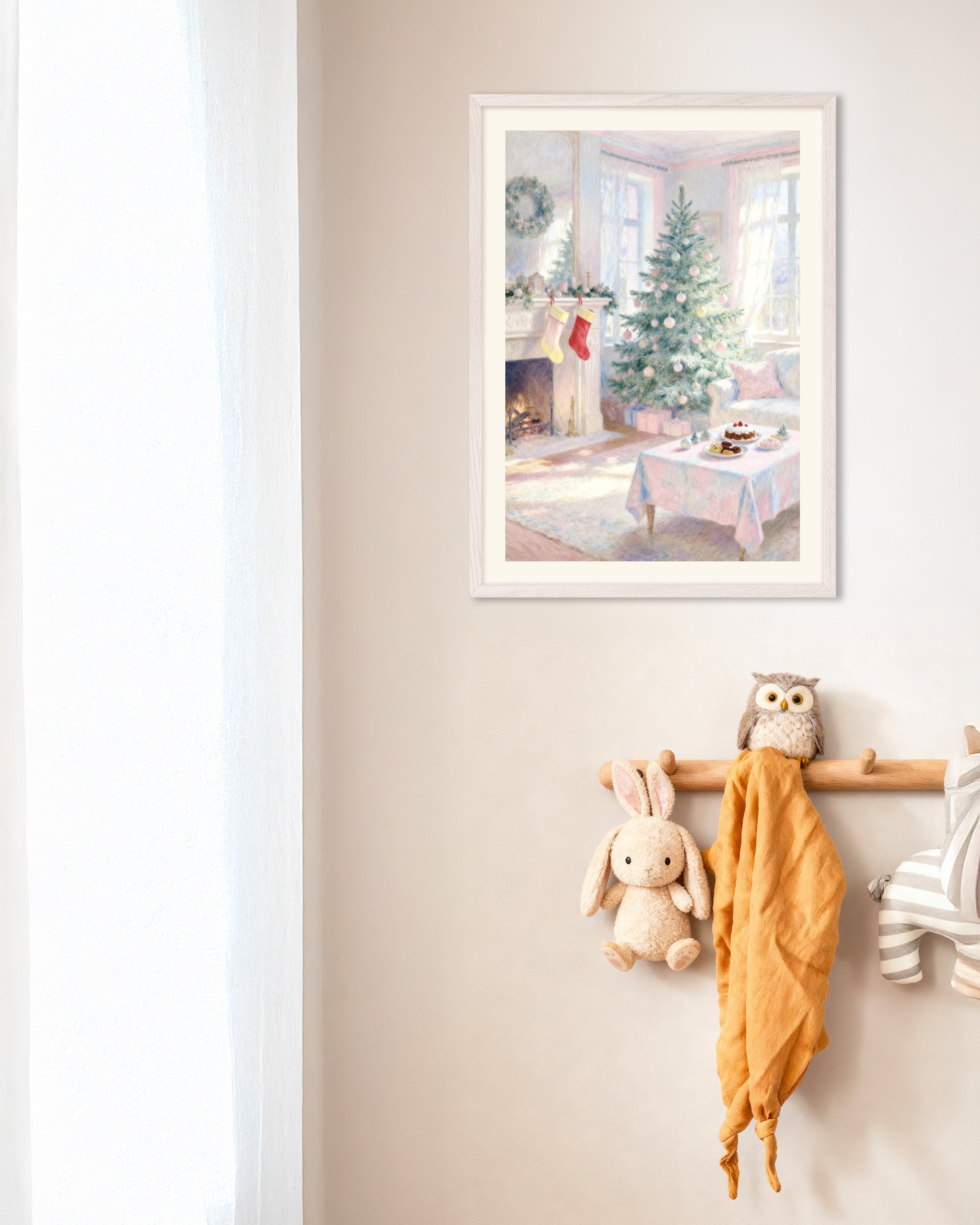 Poster of Pastel Christmas living room poster, with white wooden frame