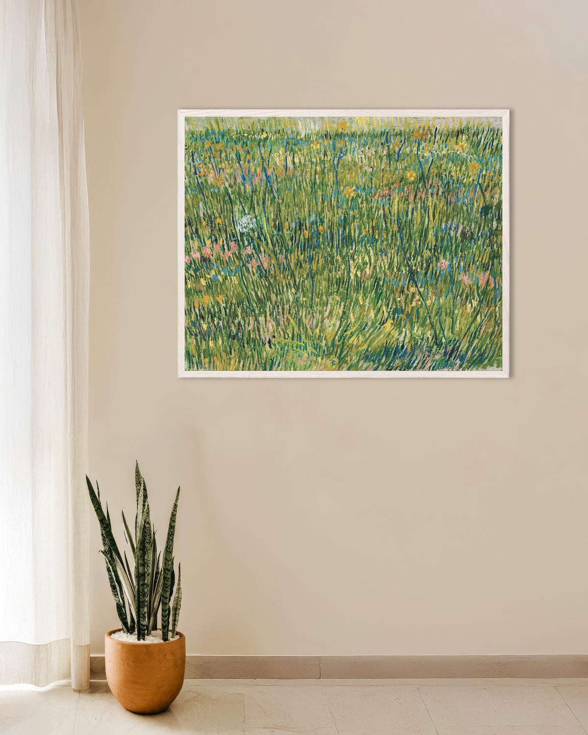 Poster med Gräsplätt (1887) av Vincent van Gogh, med vit träram